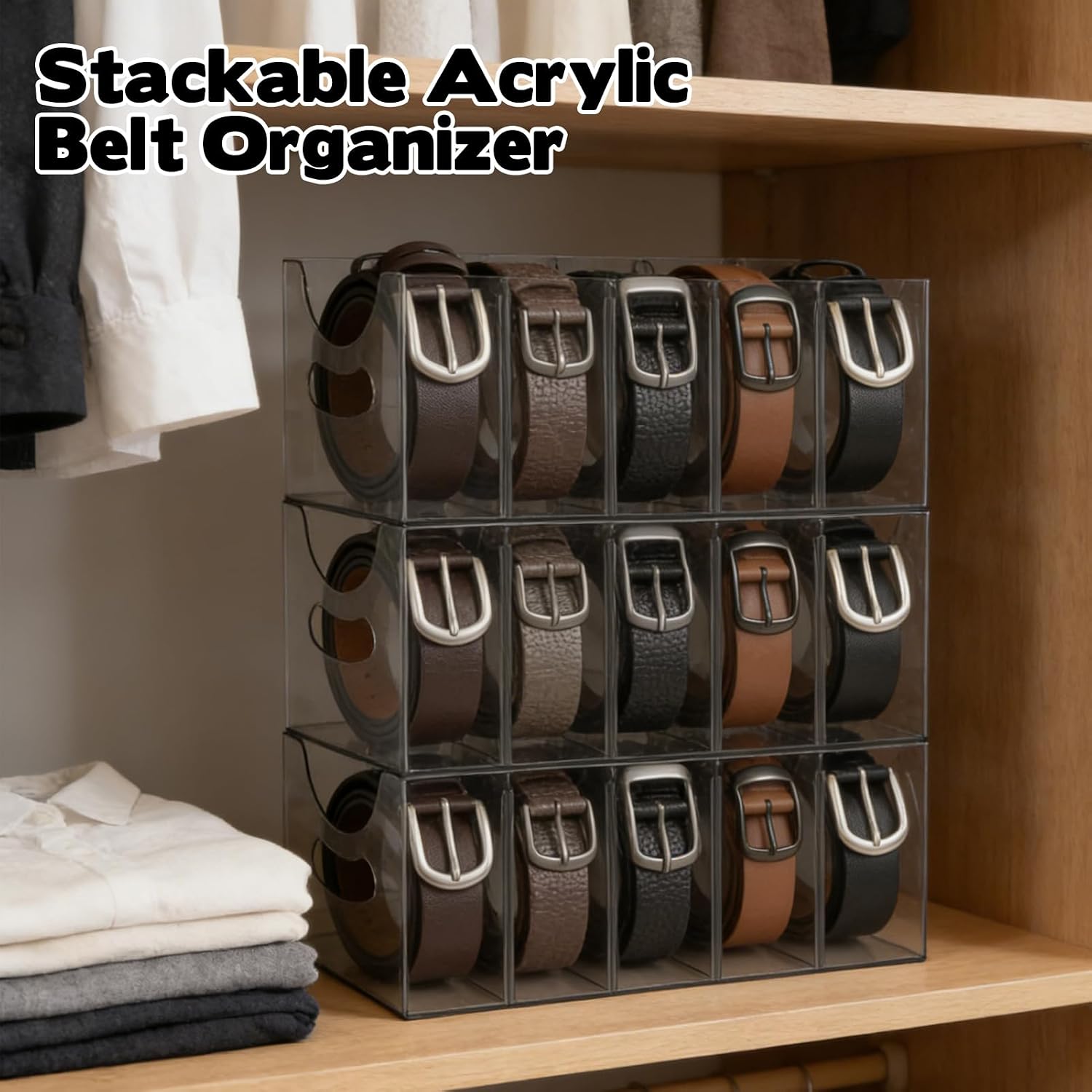3 Pack Acrylic Belt Storage Organizer Clear Stackable Belt Storage Holder Purse Organizer for Closet - 5 Compartments with Removable Dividers,Display Case Pantry Cabinet Organizers for Ties,Socks,Grey
