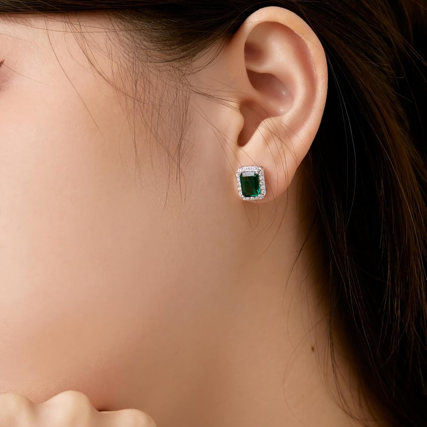 Emerald Earrings for Women Halo Created Emerald Green Stud earrings 18K White Gold Plated Silver