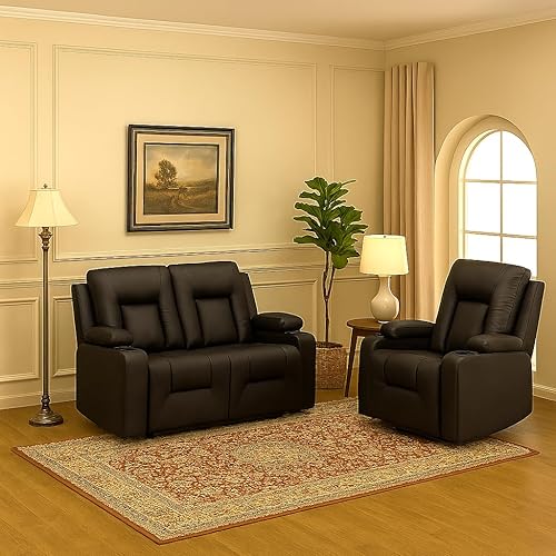 Miniatura 9 de LUCKLIFE Juego de sofá reclinable de cuero con sillones reclinables manuales, juego de muebles de sala con sofá reclinable, sofá biplaza y sillón,