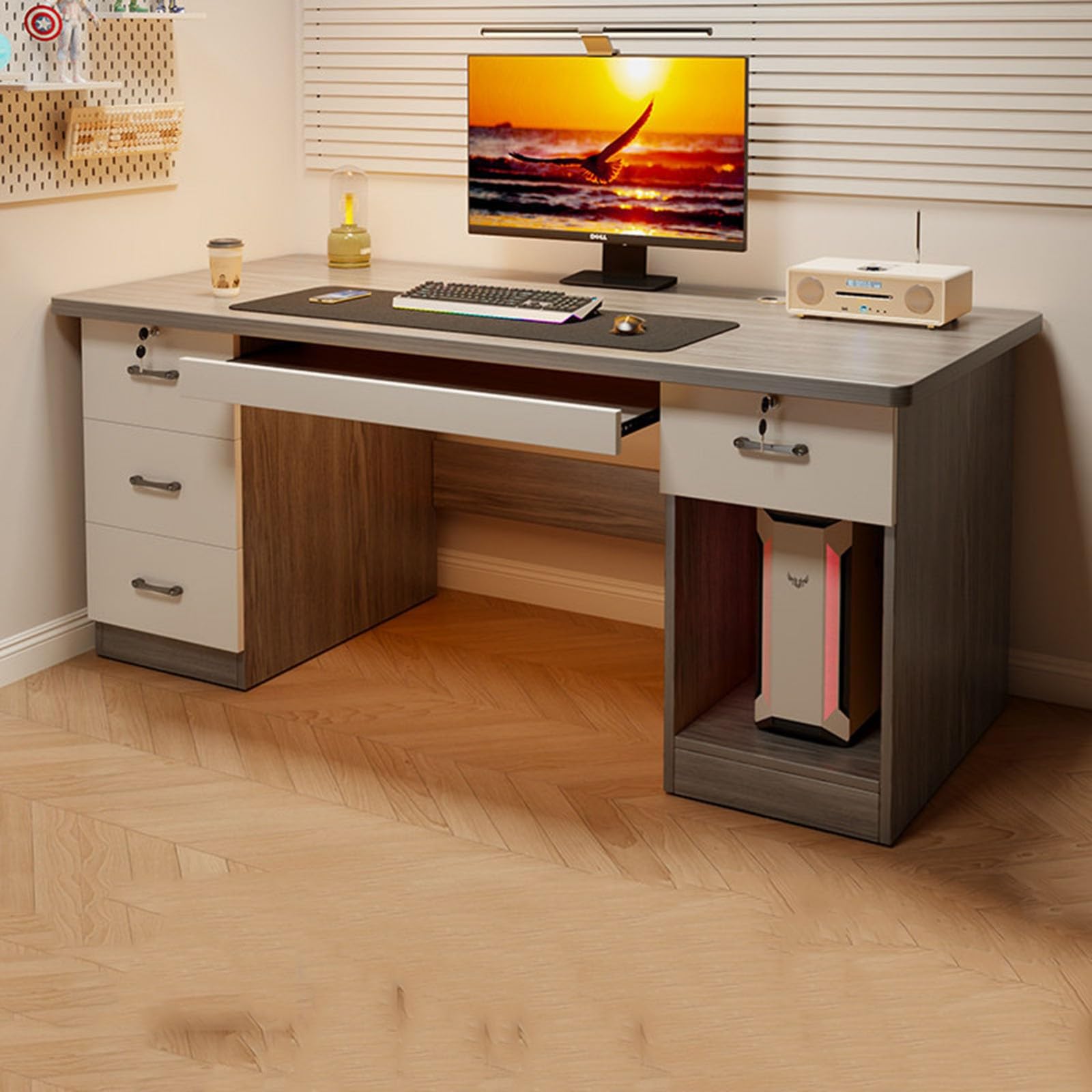 Scrivania Ufficio con 4 Cassetti,Serratura e Piano Tastiera con Vano PC Rialzato,Design Moderno Salvaspazio per Casa Studio e Ufficio A,140CM