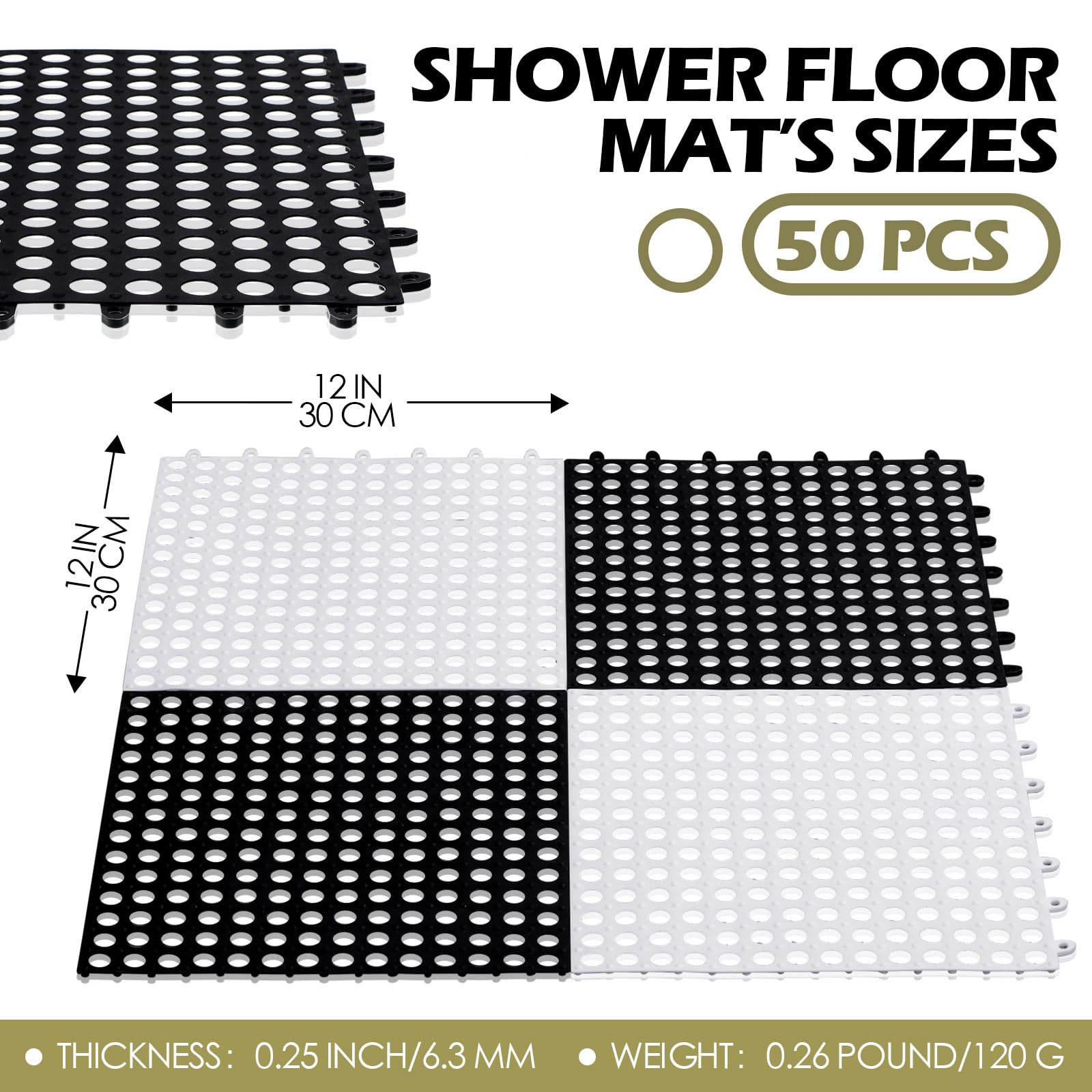 Tinideya 50 Pcs Drainage Interlocking Floor Tiles, 12'' x 12'' Soft TPE Non Slip Shower Floor Tiles for Pool Bathroom Shower Balcony Patio Locker Room Basement Stairs(Black and White) — Amazon image 2