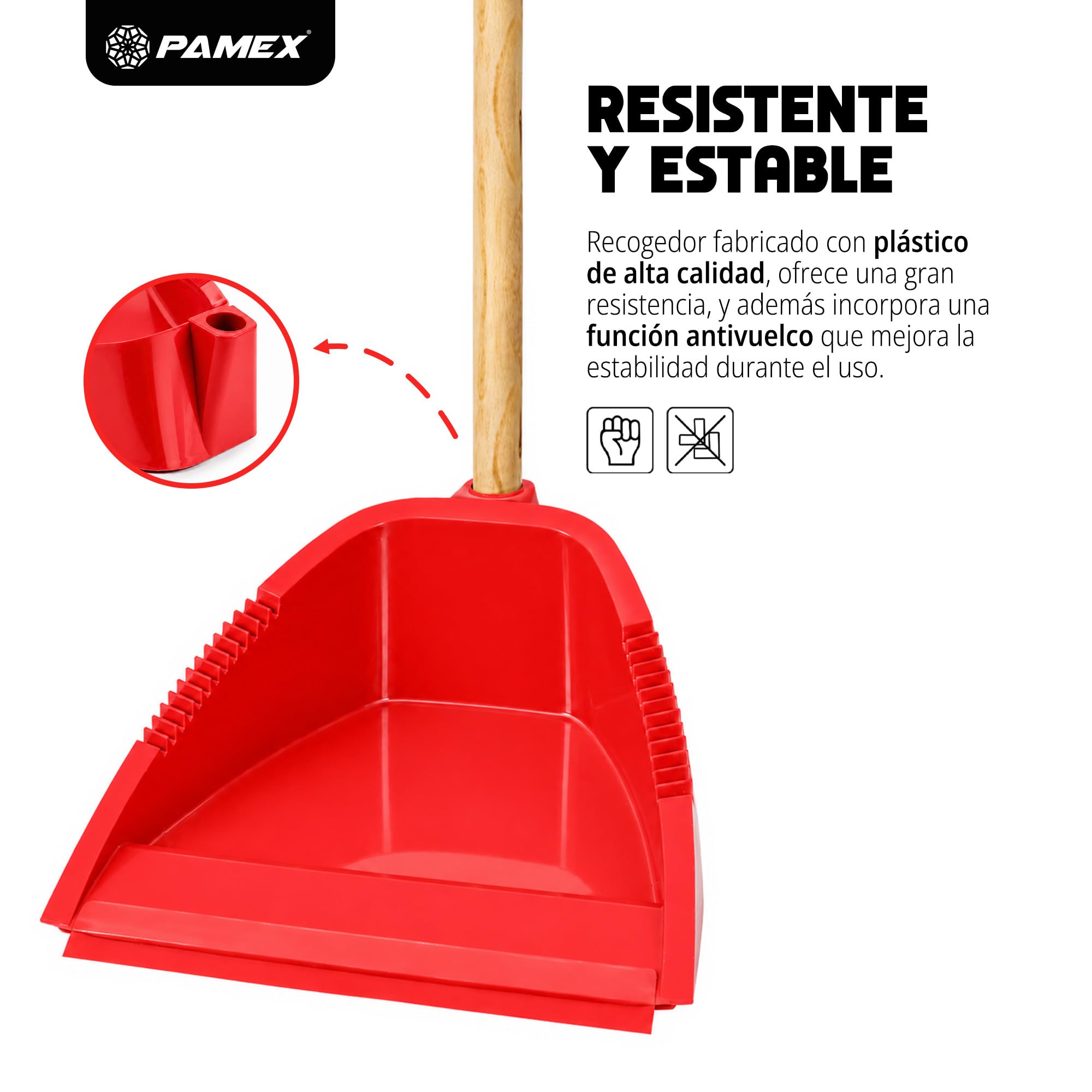 Pamex - Recogedor Tecnico Antivuelco con Palo Madera - 24 Unidades (Rojo)