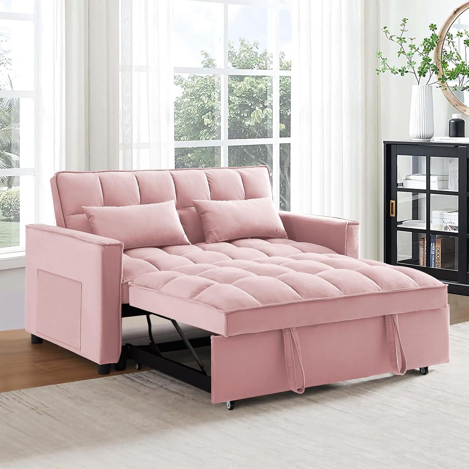 Detailed view of the sofa's features, including soft velvet and high-density foam, convenient side pockets, and smooth wheels with strong legs.