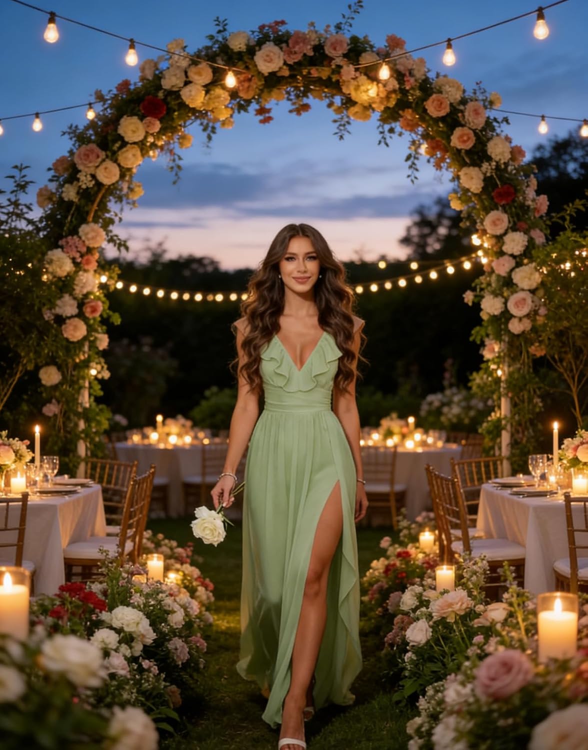 Chiffon Bridesmaid Dresses Long with Slit Maxi V Neck Formal Evening Dress with Ruffles SQZU001