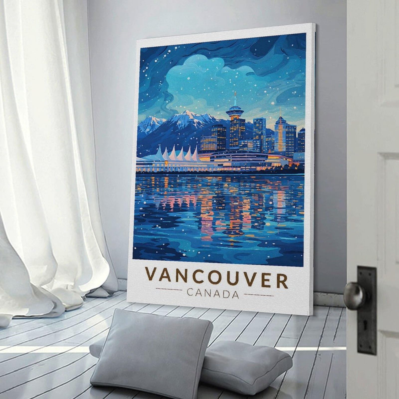 Junmoney Vancouver Skyline at Night Wall Art Print 24x36inch(60x90cm), for Lounge, Study, Hallway Or Flat Walls, Decorative Artwork with Broad Appeal