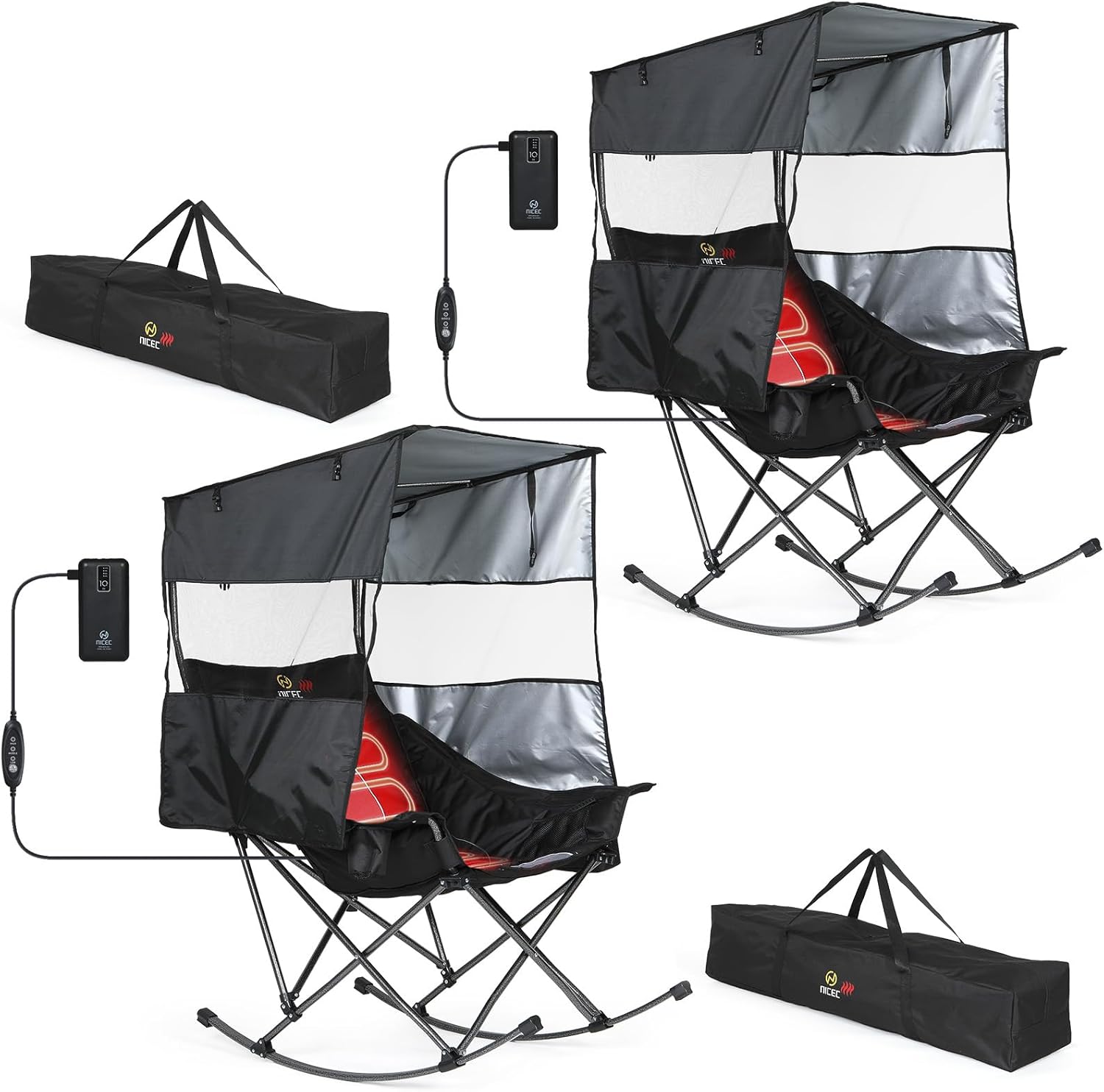 Nice C Heated Rocking Camping Chair with Canopy, XL Oversized Folding Rocker with Battery, Outdoor Umbrella Chairs with Shade, with Cup Holder, Cooler Bag, for Sports, Patio, Backyard (2 Pack)