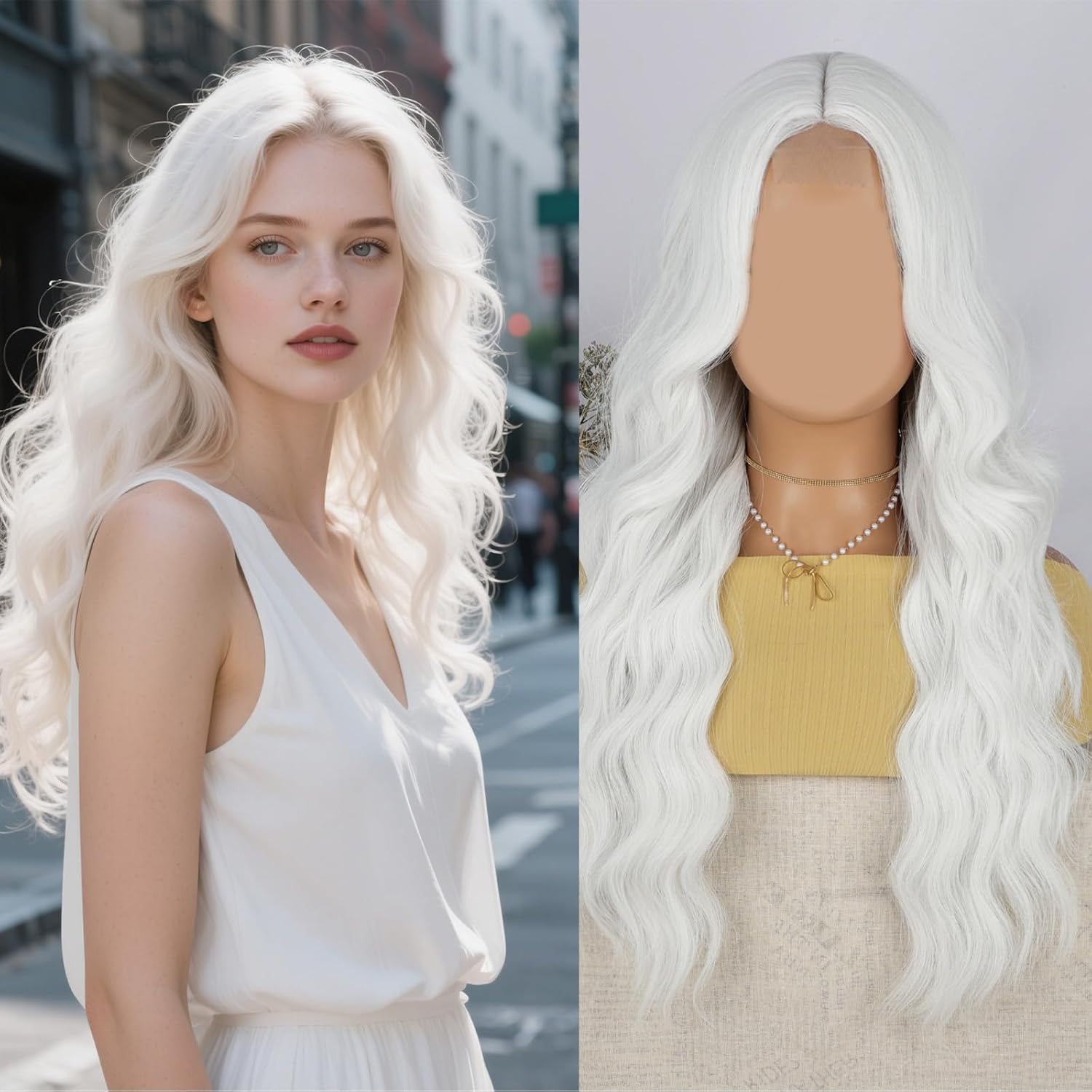 Meisi Women's Long Platinum Blonde Curly Wig 26 Inch Natural Curls Middle Parted Heat Resistant Synthetic Fiber Women's Wig Suitable for Daily Wear