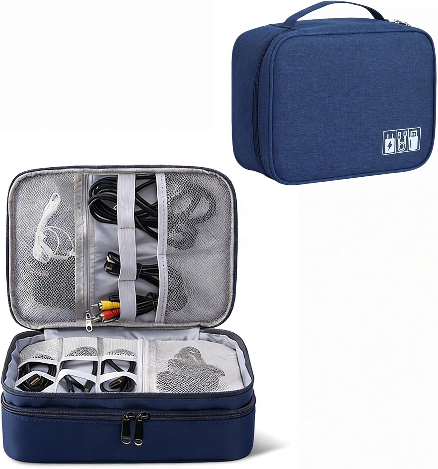 Organizer Bag, Travel Universal Cable Organizer Case Sturdy Accessories Pouch with Handle, Medium Electronic Carrying Bag for Cable, Navy Blue, Double layer