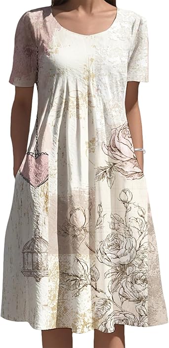 Mixed Media Ethnic Patchwork Floral Midi Dress with Pockets Womens Boho Dress Floral Boho Dress
