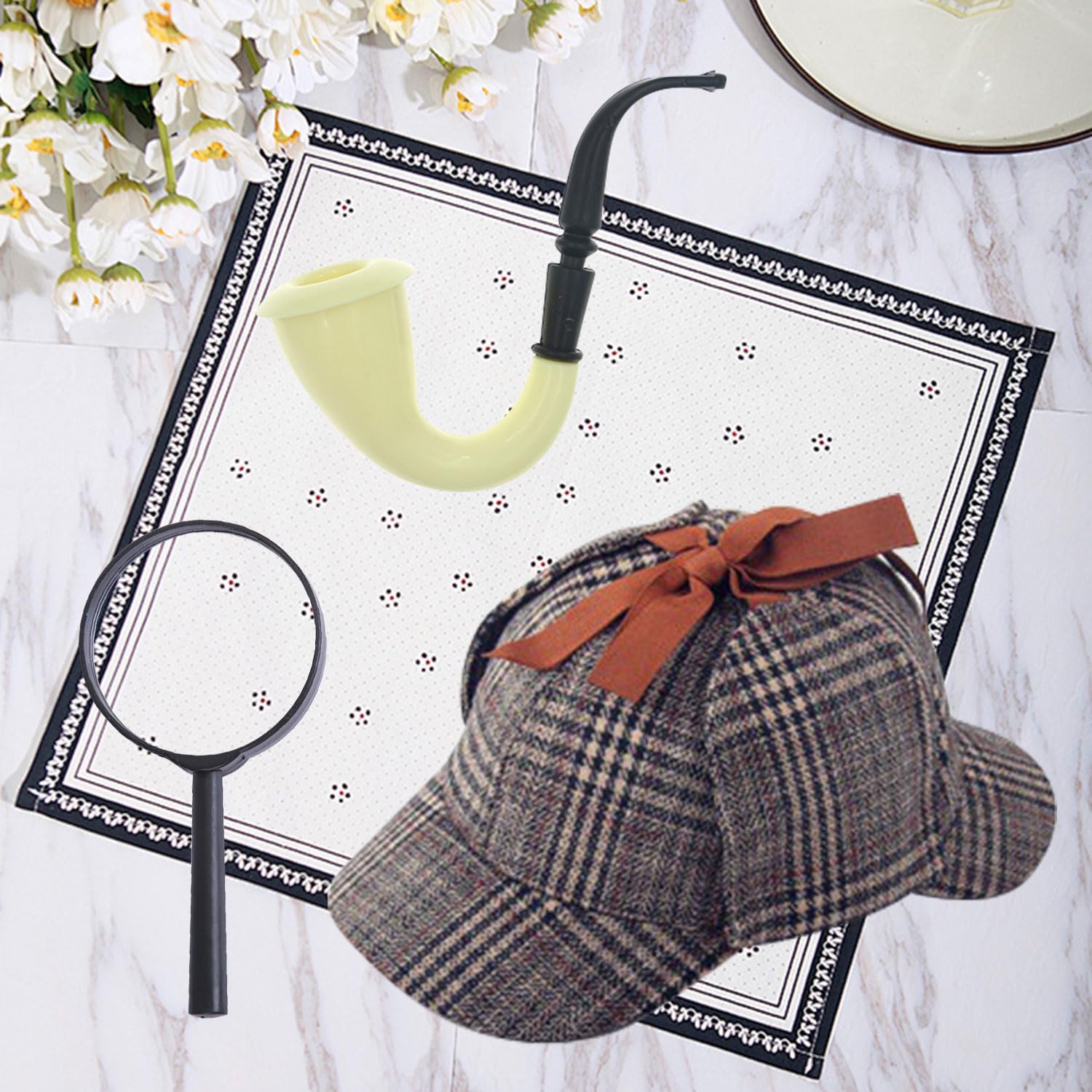 RmKbe 3pcs Sherlock Holmes Fancy Dress Accessory Set Deerstalker Hat Pipe and Magnifying Glass Halloween Carnival Party Accessories for Adults - Image 2