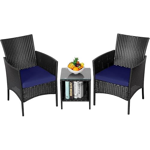 Patio Porch Furniture Sets 3 Pieces Rattan Wicker Chairs with Table Outdoor Garden Furniture Sets Conversation Sets Patio with Coffee Table for Yard and Bistro (Large/Dark Brown/Blue)