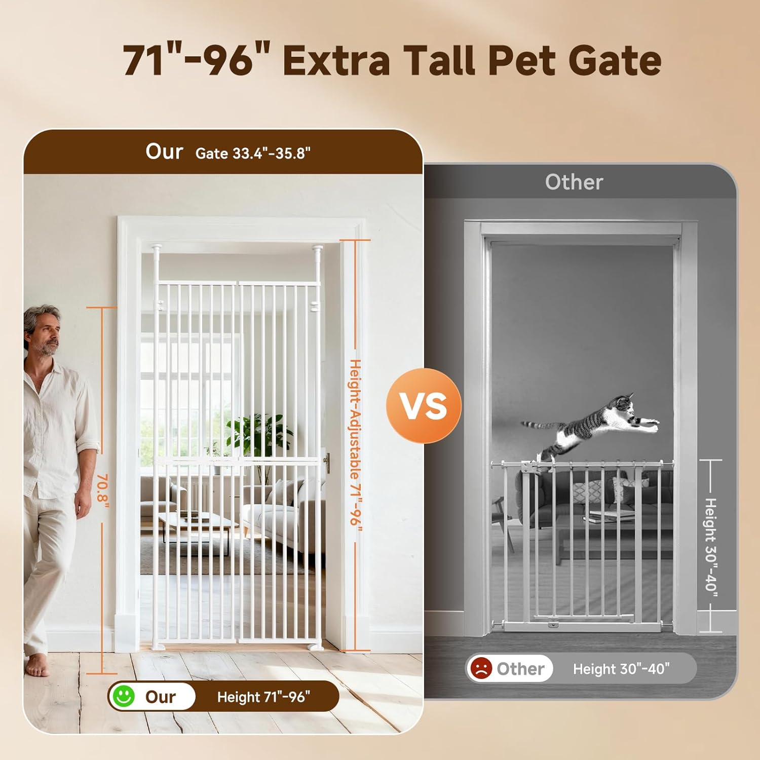 Slsy 76" Extra Tall Pet Gate for Cats & Dogs, Adjustable Width 33.4–35.8", No-Drill Pressure-Mounted Cat Gate, with Double-Door Walk-Through, Fits for Doorways, Stairs, Indoor & Hallways