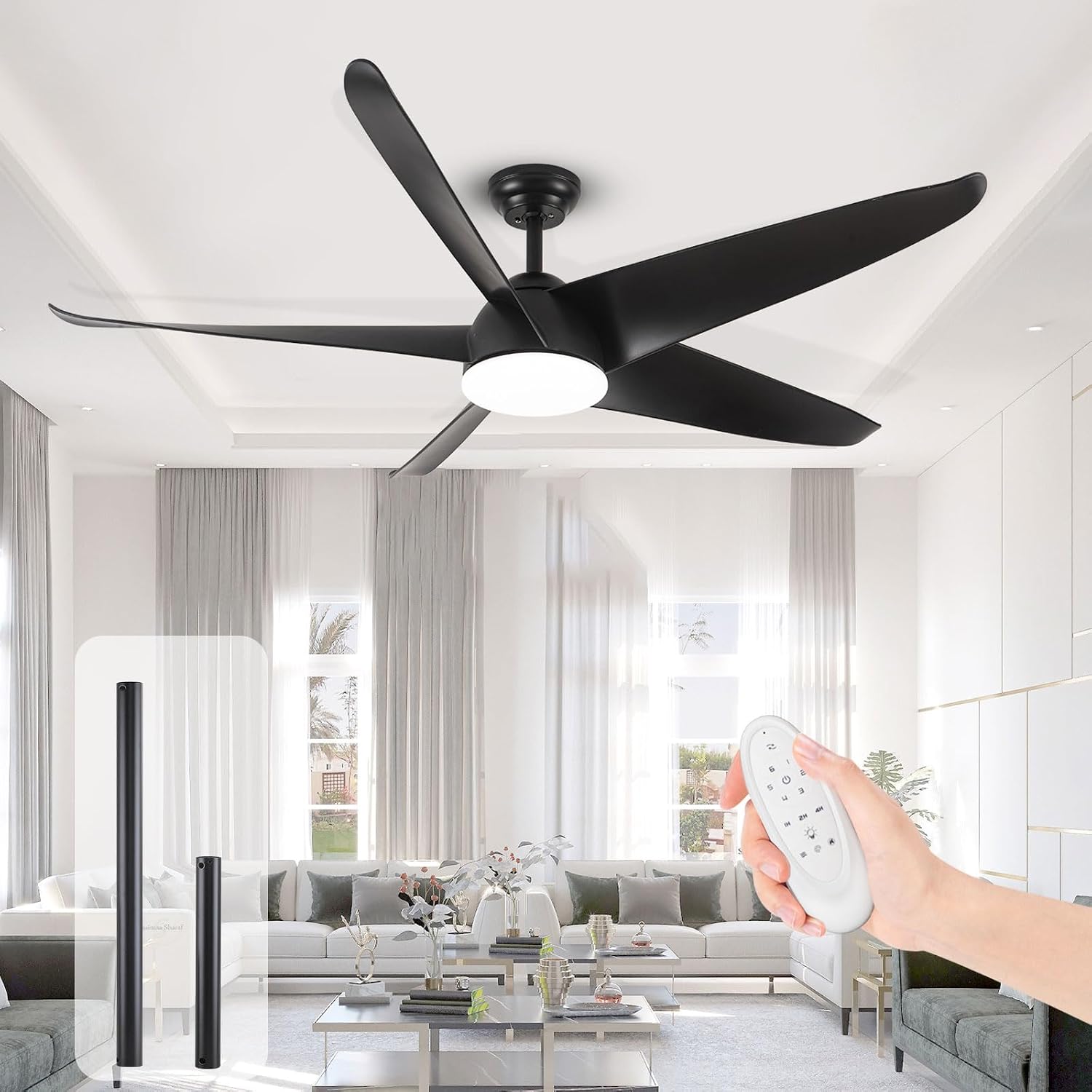60 inch Ceiling Fans with Lights and Remote Control, Outdoor Large Airflow Black Ceiling Fan, Dimmable 5-Color Temperatures LED Indoor Outdoor Ceiling Fan for Living Room Bedroom Farmhouse Patio