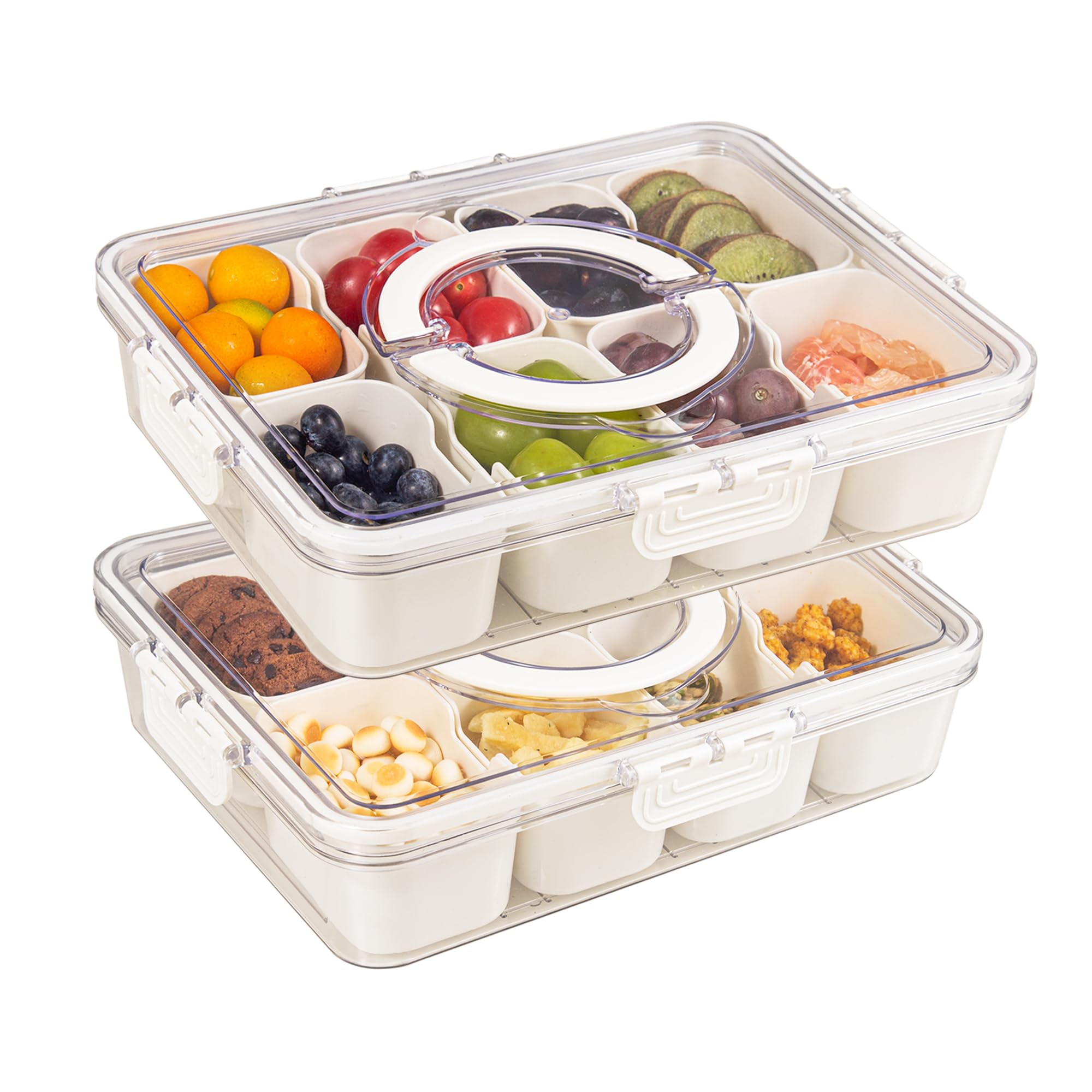 Photo 1 of Zaboro 2 Pack Snackle Box Container with 8 Compartments, Clear Divided Serving Tray with Lid and Handle, Snack Bento Box for Charcuterie, Candy, Fruits, Nuts, Picnic, Travel, Beige