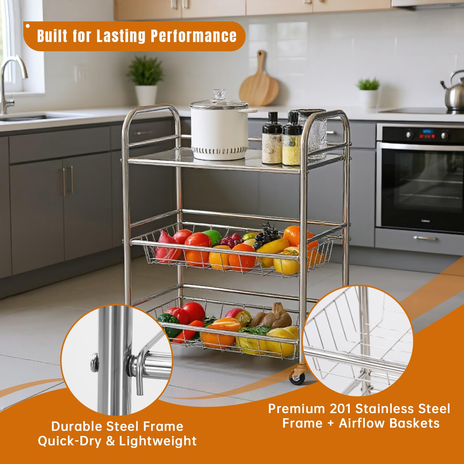 Carrello Industriale a 3 Ripiani con Scaffalatura Metallica | Ruote Bloccabili & Acciaio Commerciale | Soluzione per Cucina, Dispensa e Garage