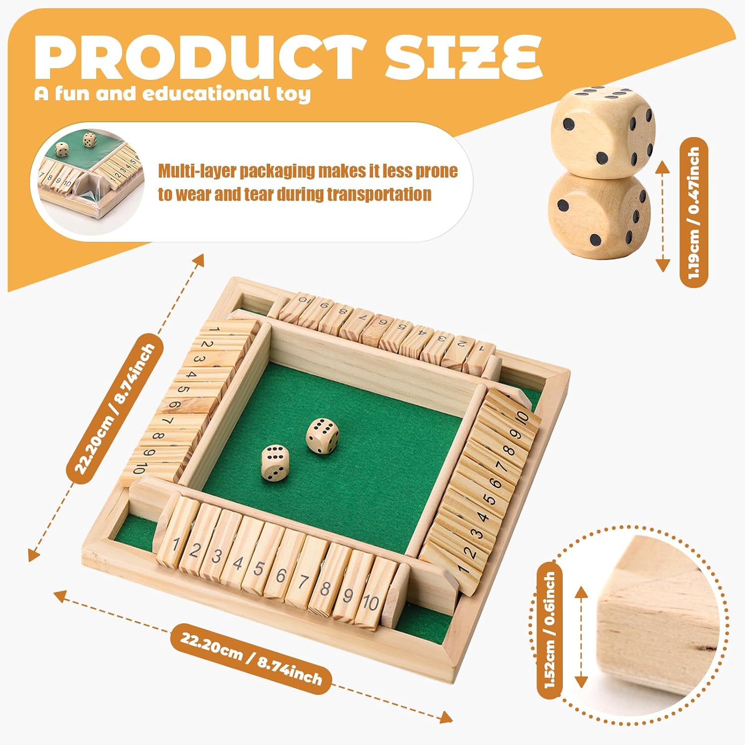 Shut the Box Game, 8.74in 2dice for 1-4 Players Educational Math Game image 2