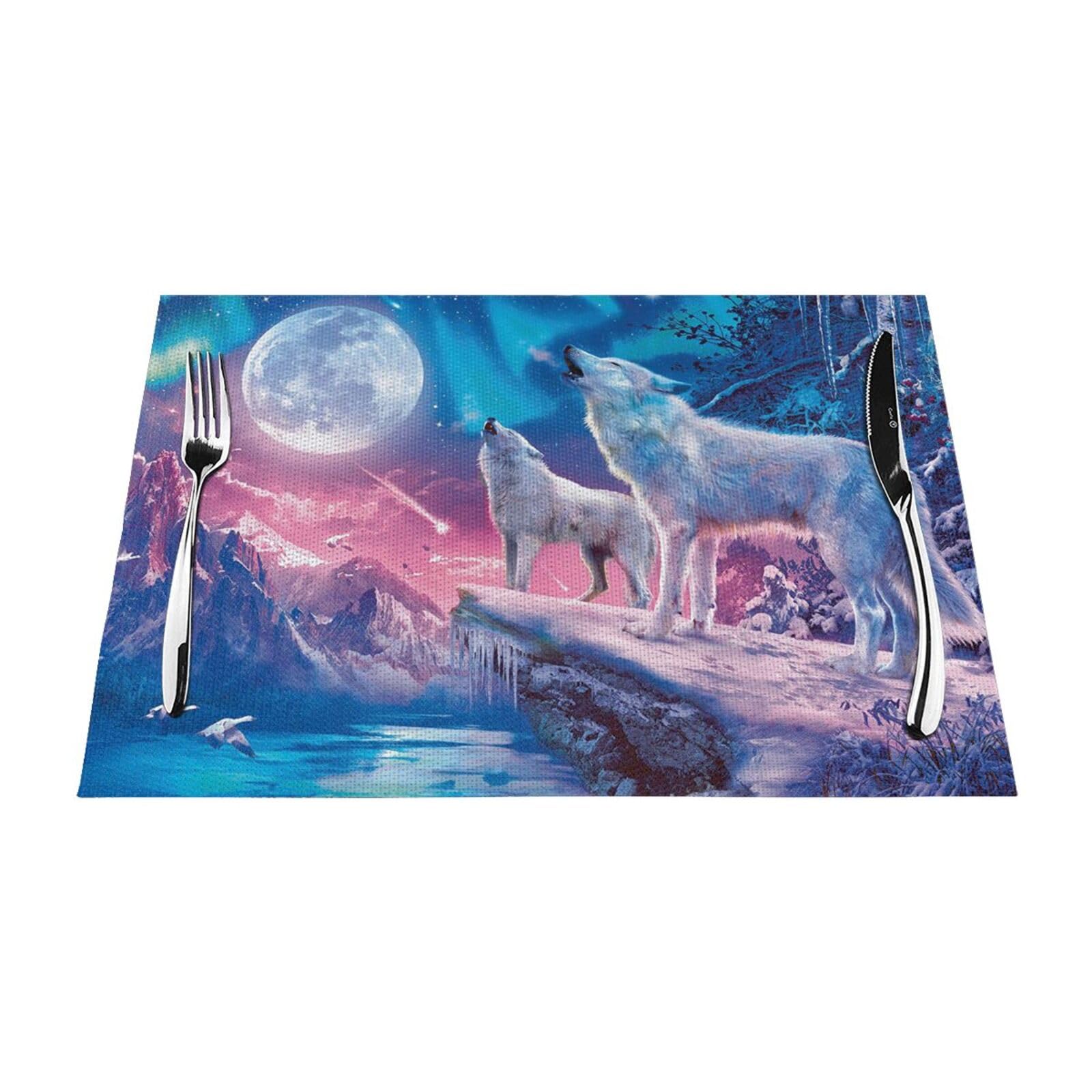 PVC Placemat Set of 1 PCS, 45x30 CM, Howling Wolf Printed Non-Slip Heat Resistant Place Mats for Kitchen Dining Table Indoor Outdoor