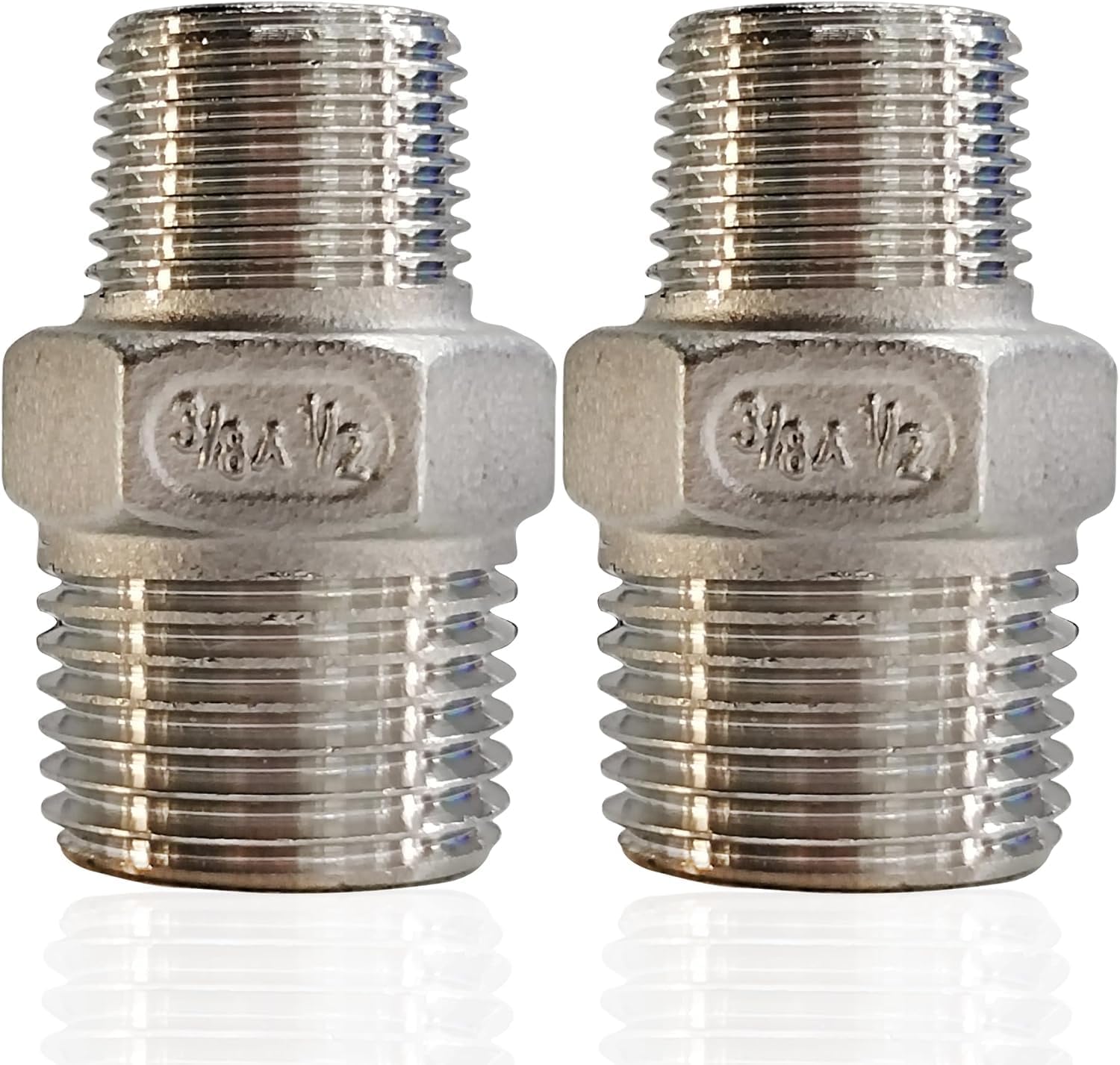 1/2" x 3/8" Reducing Hex Nipple, 304 Stainless Steel NPT Male Pipe Fitting Reducer Nipple Adapter 2000psi Reducer Connector Suit for 0.71" and 0.57" Pipe ID (1/2"x 3/8"MNPT)