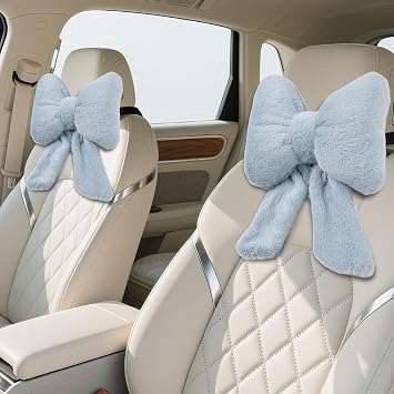 Bow Car Headrest Pillows Plush Car Neck Pillows for Travel Driving Office Chair Head Support Cushions, Also Cute Car Decor Accessories 2PCS Blue