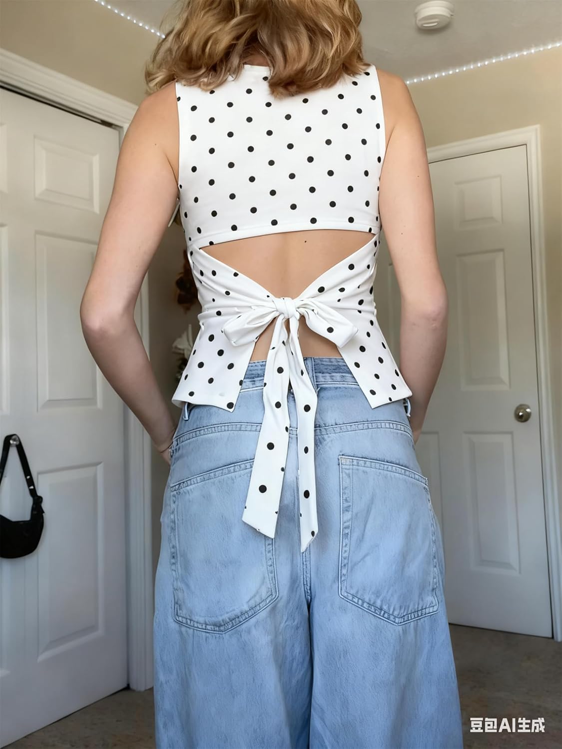 Women Y2k Polka Dots Boat Neck Tank Top Cute Sleeveless Slim Fitted Side Ruched Tie Back Vest Vintage Going Out Top - Image 3