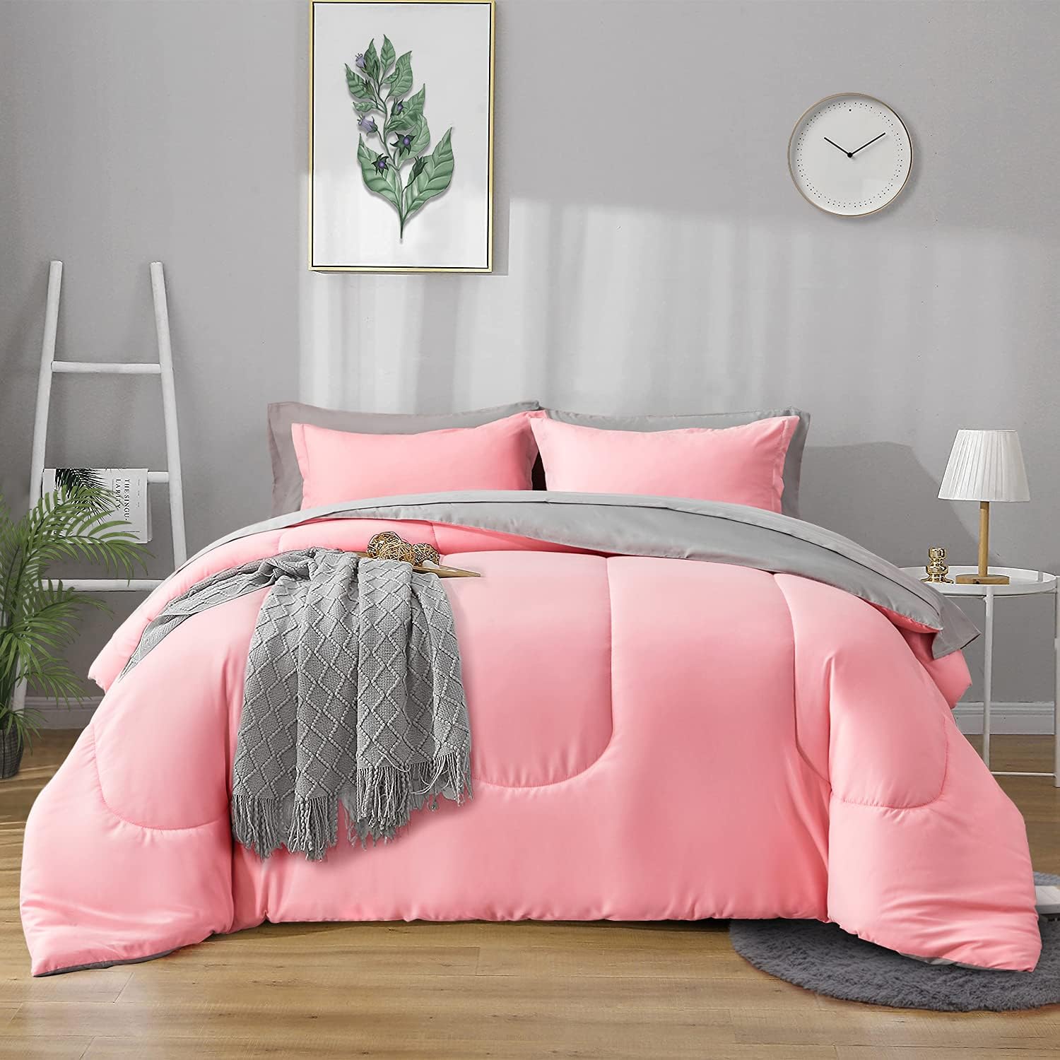 King Pink Comforter Set Bed in a Bag with Gray Sheet Set Reversible Soft - 1 Comforter, 2 Pillow Shams, 1 Flat Sheet, 1 Fitted Sheet, 2 Pillowcases - 7 Pieces Bedding Set