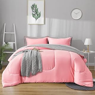 Queen Pink Comforter Set Bed in a Bag with Gray Sheet Set Reversible Soft - 1 Comforter, 2 Pillow Shams, 1 Flat Sheet, 1 Fitted Sheet, 2 Pillowcases - 7 Pieces Bedding Set