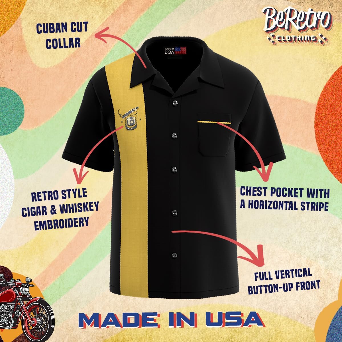 BeRetro Men's Cigar Button Down Bowling Shirt - Cuban Guayabera Smoking Shirt