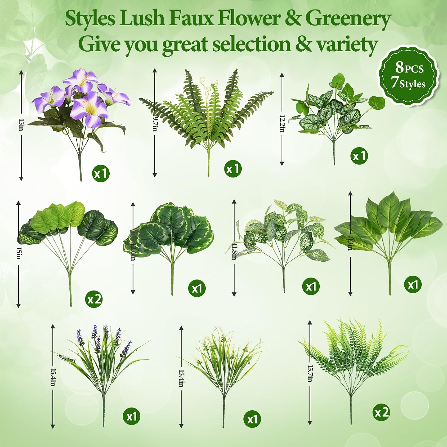 Livole 12 Pcs Artificial Plants Outdoor Faux Plants Fake Greenery Stems with Boston Fern Lavender Morning Glory UV Resistant Artificial Flowers for Outdoors Porch Patio Garden Spring Summer Home Decor