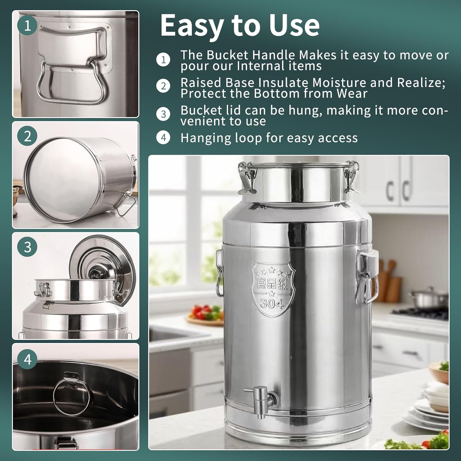 Stainless Steel Milk Can with Spigot,5 Gallon Stainless Steel Water Dispenser,Milk Bucket 20Liter Wine Pail with Sealed Lid,Water jug Oil Liquid Storage Barrel,Airtight Food Storage Container