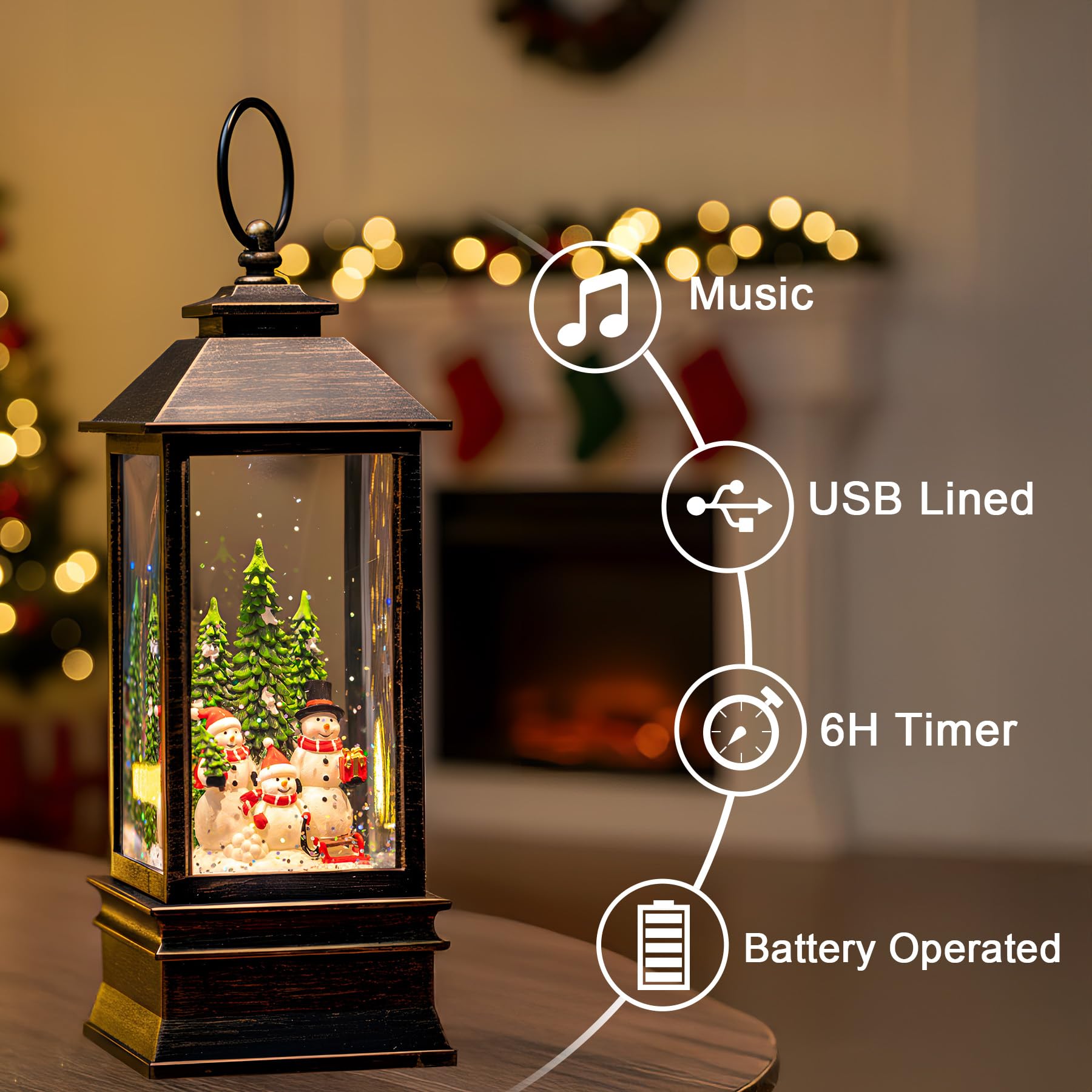 Linterna musical de globo de nieve de 10 pulgadas iluminada con muñeco de nieve familiar, linterna de agua con remolinos brillantes para decoración del hogar y regalo, funciona con pilas o alimentado