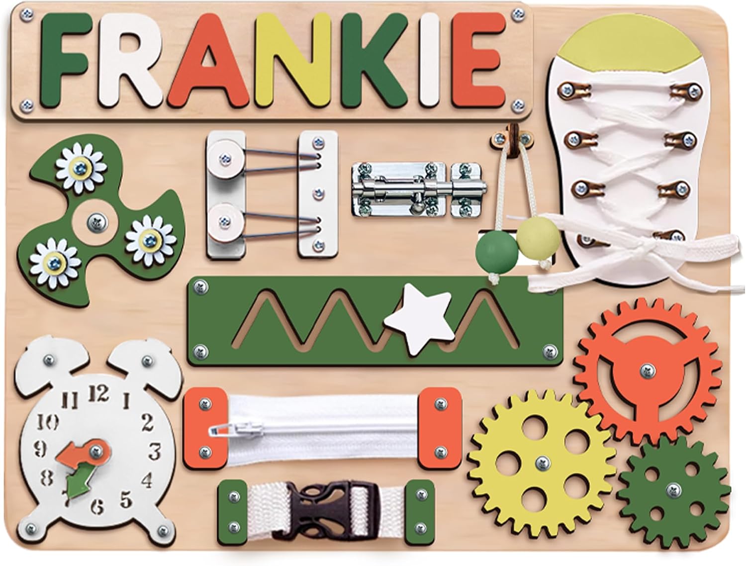 Personalized Busy Board, Montessori Toys for 1 2 3 Year Old, Toddler Easter Toy, Sensory Board, Educational Activities, Learning Fine Motor Skill, Gifts for Toddler BB10 (Khaki)