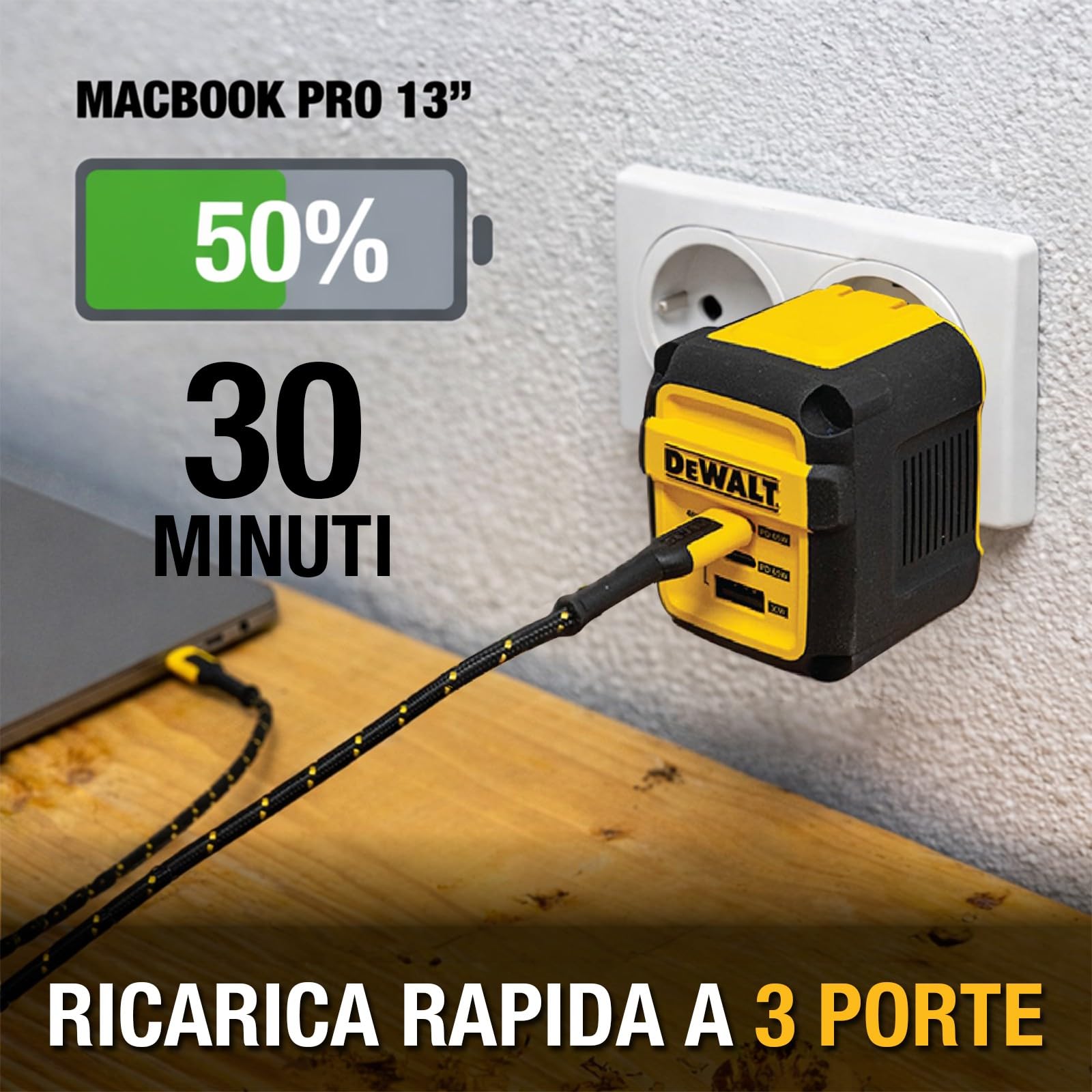 DEWALT Heavy Duty 3 porte Dual USB C blocco di ricarica, spina EU USB C, alimentatore di rete GaN (65 W) PPS veloce e compatto pieghevole per MacBook Pro/Air, iPad Pro, Galaxy S23, Dell XPS 13, Note