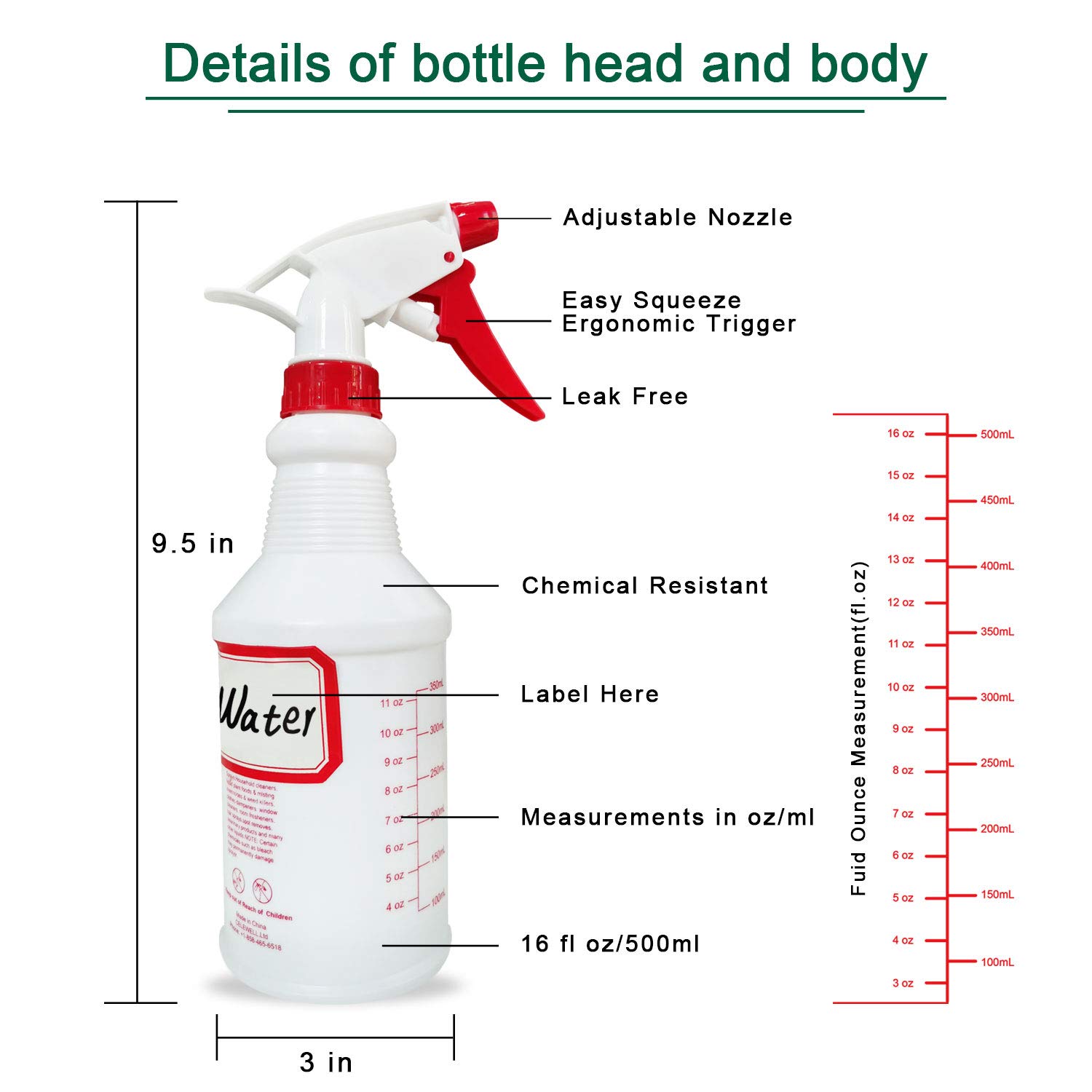 UUHOME Plastic Spray Bottles(16 oz,4 Pack) Empty Spray Bottles For Cleaning Solutions, Plant Watering, Animal Training with Adjustable Nozzle and Measurements