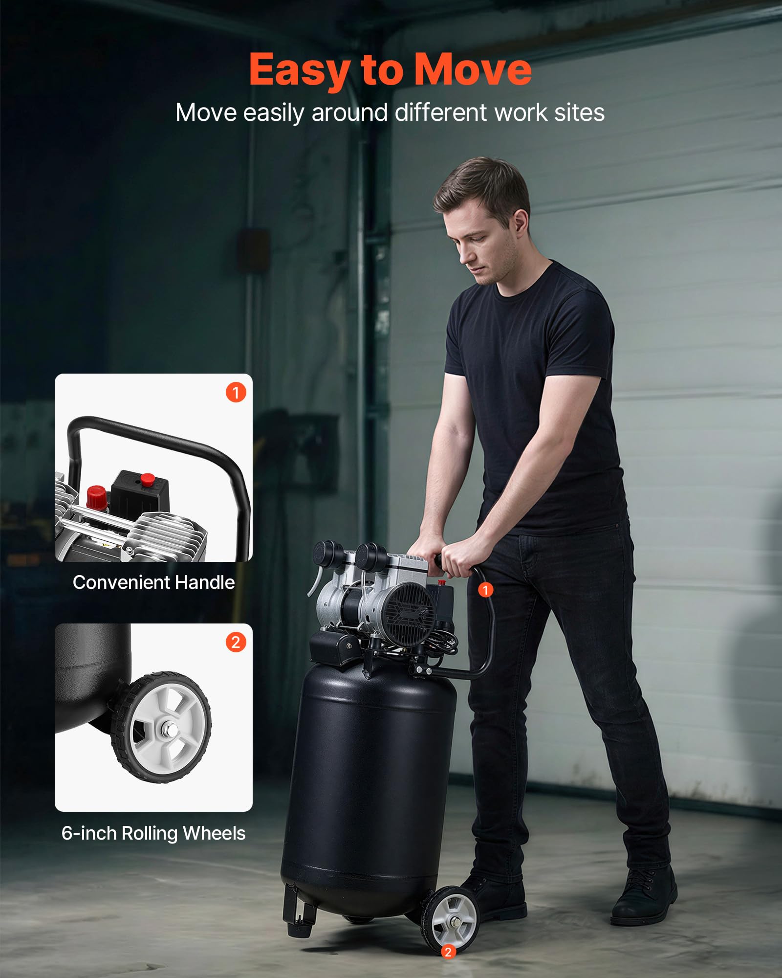 VEVOR Compressore d'Aria 50 Litri 1,5 KW 8 Bar Senza Olio Portatile su Ruote