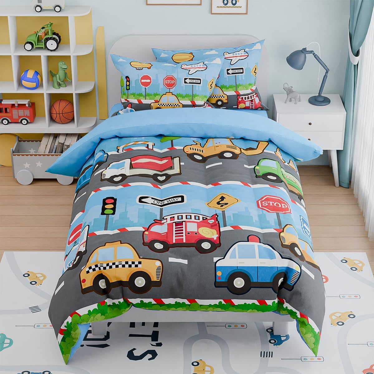 Transportation Kids Bedding Set for Boys, Ultra Soft Microfiber Comforter Set Twin Size with 3-Pieces, Comforters Bed Sets for Boy Children Kids