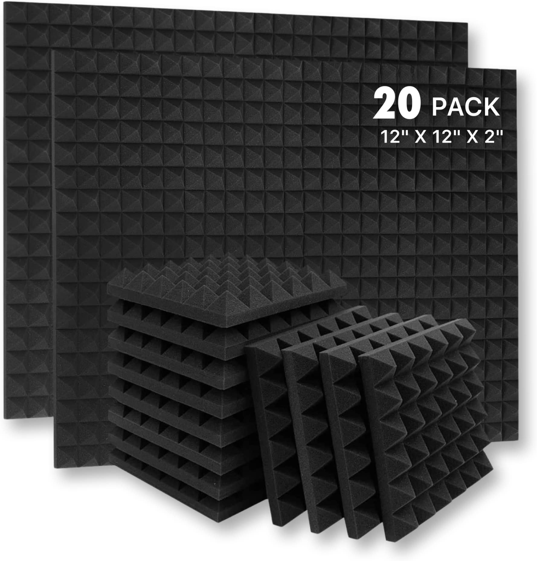 YGM Acoustic Foams® Pyramid Acoustic Panels 12" X 12" X 2", 38 Kg/m³ Premium Grade Studio Noise, Echo Reduction and Absorption, 3D Structure (Charcoal Black) (Set of 20)