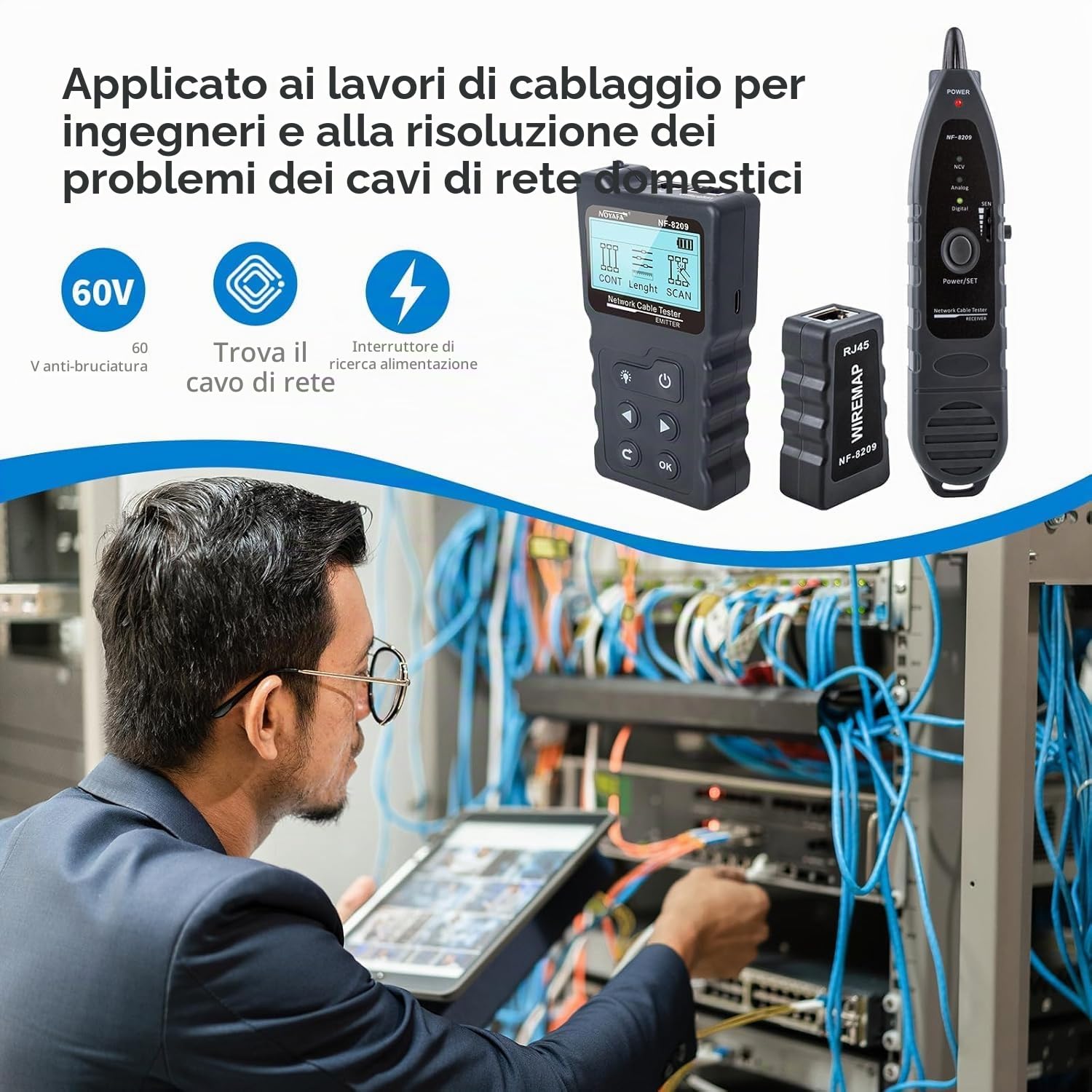 NOYAFA Tester del cavo di rete per LAN CAT5 CAT6, NF-8209 Ethernet multifunzione tester di lunghezza del cavo del tracker. con test PoE.