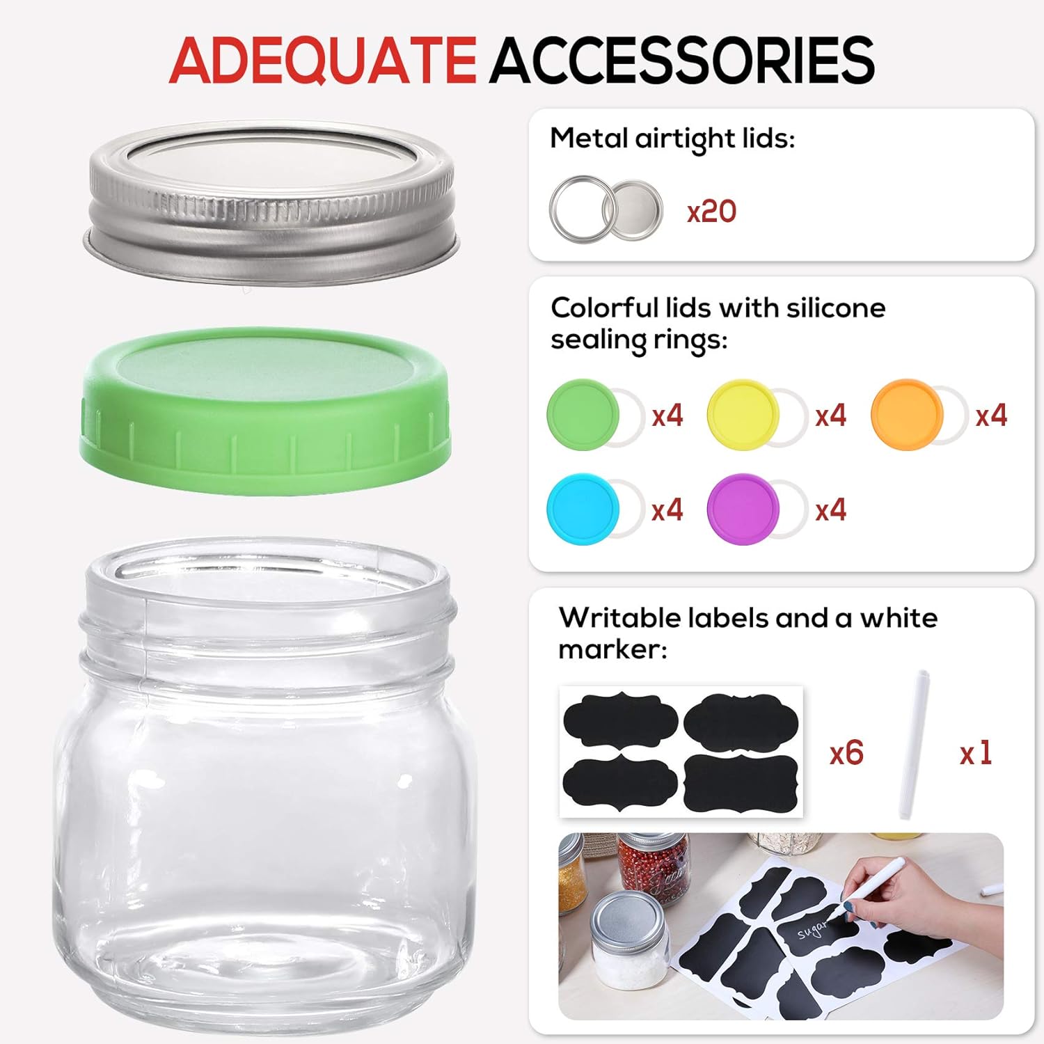 20 Pcs Mason Jars 8 Oz, Regular Mouth Glass Canning Jars With Silver Metal Airtight Lids And Bands, Colored Lids, Chalkboard Labels And Marker For Preserving, Jam, Jelly, Honey, Favors, Decorating: Home & Kitchen