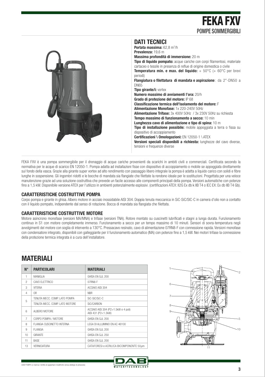 DAB FEKA FXV 20.07 MA HP 1,2 Pompa sommergibile monofase con galleggiante per il drenaggio di acque reflue in ambiti civili e commerciali