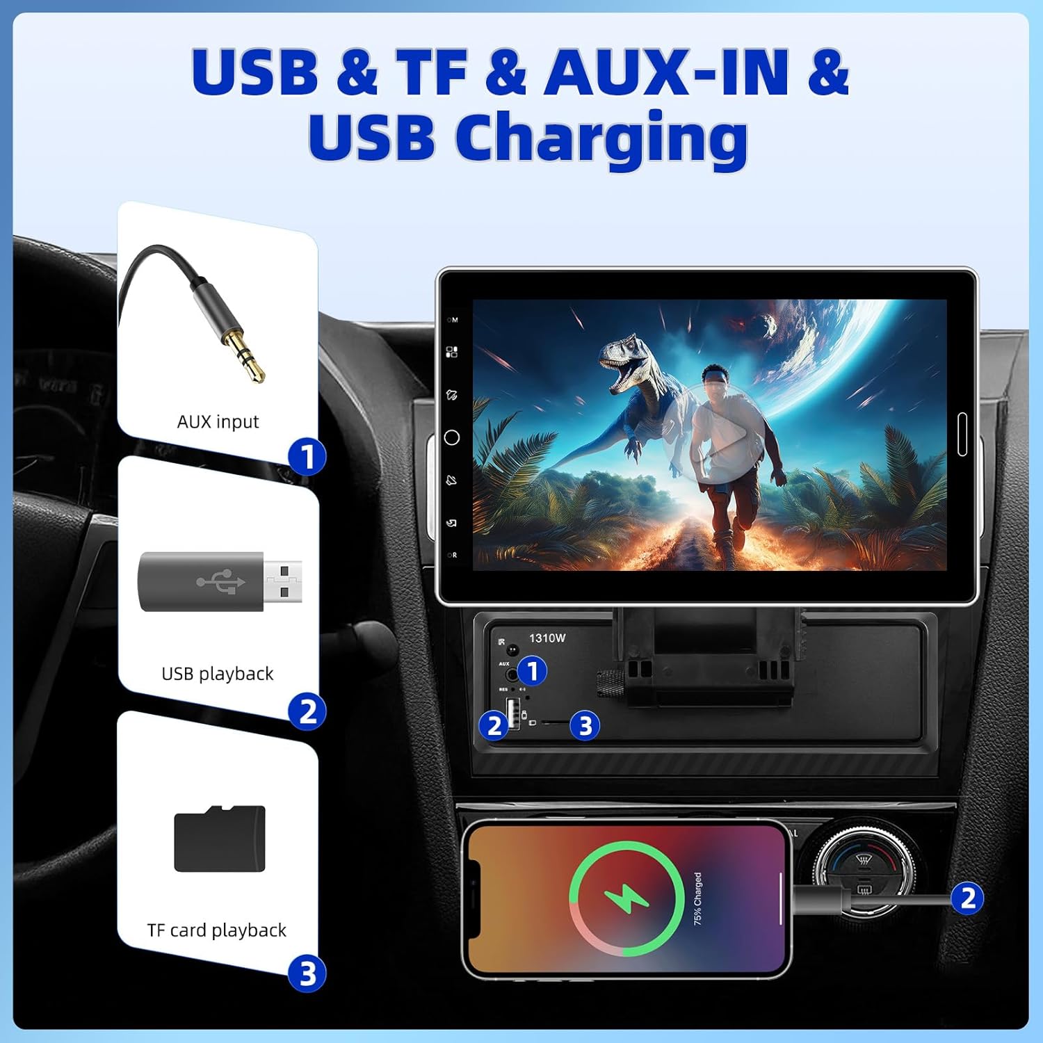 Illustrations of AUX input, USB playback, TF card playback, and USB charging capabilities.