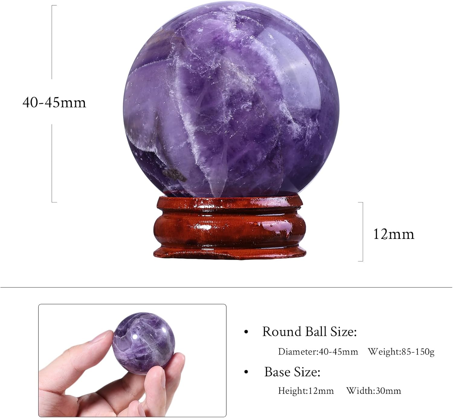 SUNYIK Natural Amethyst Ball Sphere with Wood Stand Polished Stone Orb for Divination Meditation Feng Shui Home Office Desk Decor, 1.5-1.7"(40-45mm)
