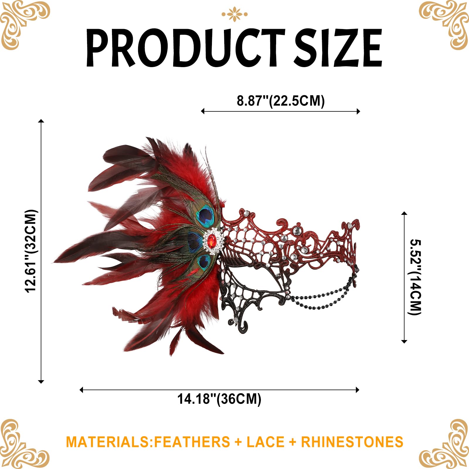 Oidea Masquerade Mask for Women: Elegant One Eyed Half Face Rhinestone Lace Feather Venetian Mask with Chain Halloween Mardi Gras Costume Party Ball Masks Red - Image 3