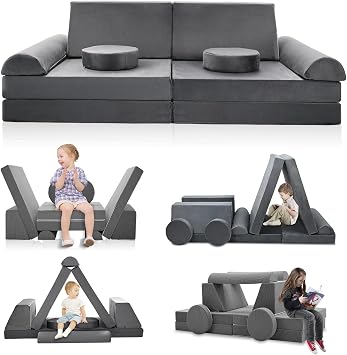 SUNYRISY Modular Kids Play Couch, Large Sectional Foam Toddler Floor Sofa Couch for Building Fort Play, Child Convertible Sofa for Playroom Bedroom Furniture, Grey