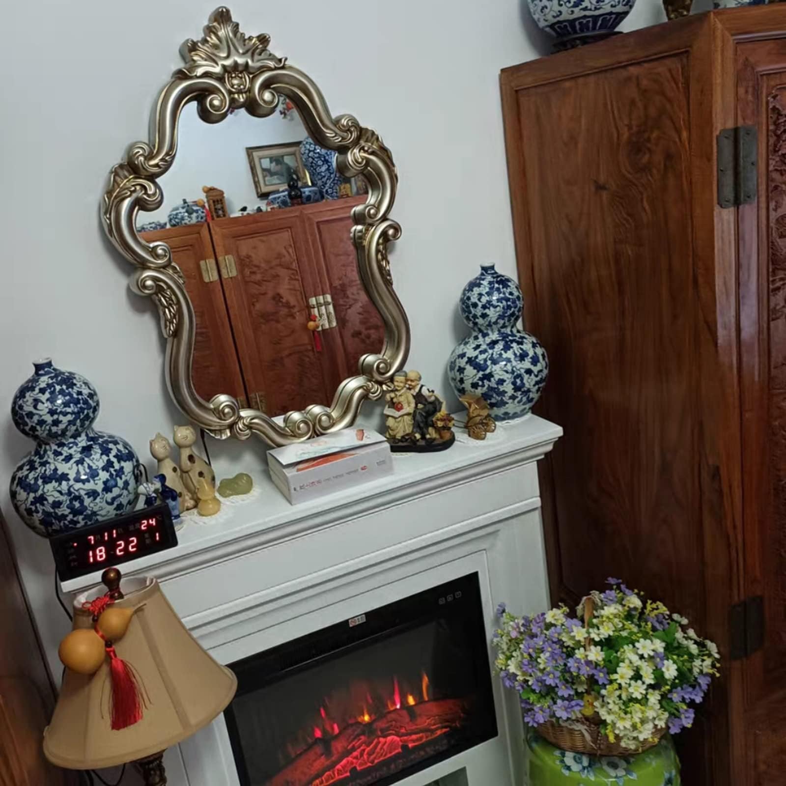 Duże antyczne złote barokowe dekoracyjne lustro ścienne - vintage lustro akcentujące do przedpokoju salonu sypialni - elegancki wystrój domu klasyczny design
