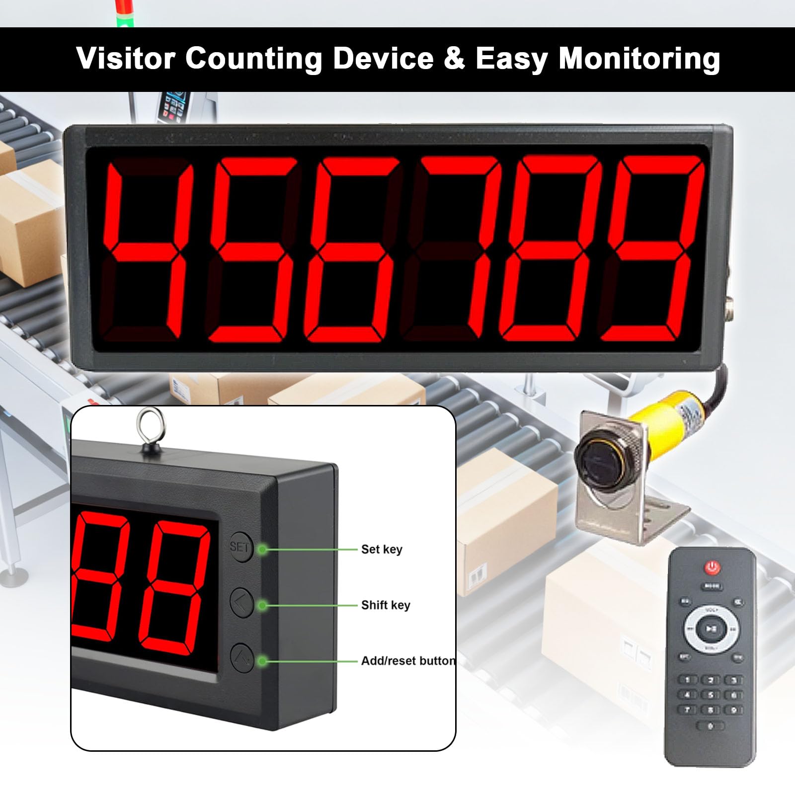 Contatore Digitale A Led, Display A Led Da 3,9 Pollici Con Sensore A Infrarossi Singolo, Distanza Di Rilevamento Di 28 Pollici E Telecomando Per Linee Di Nastri Trasportatori E Conteggio