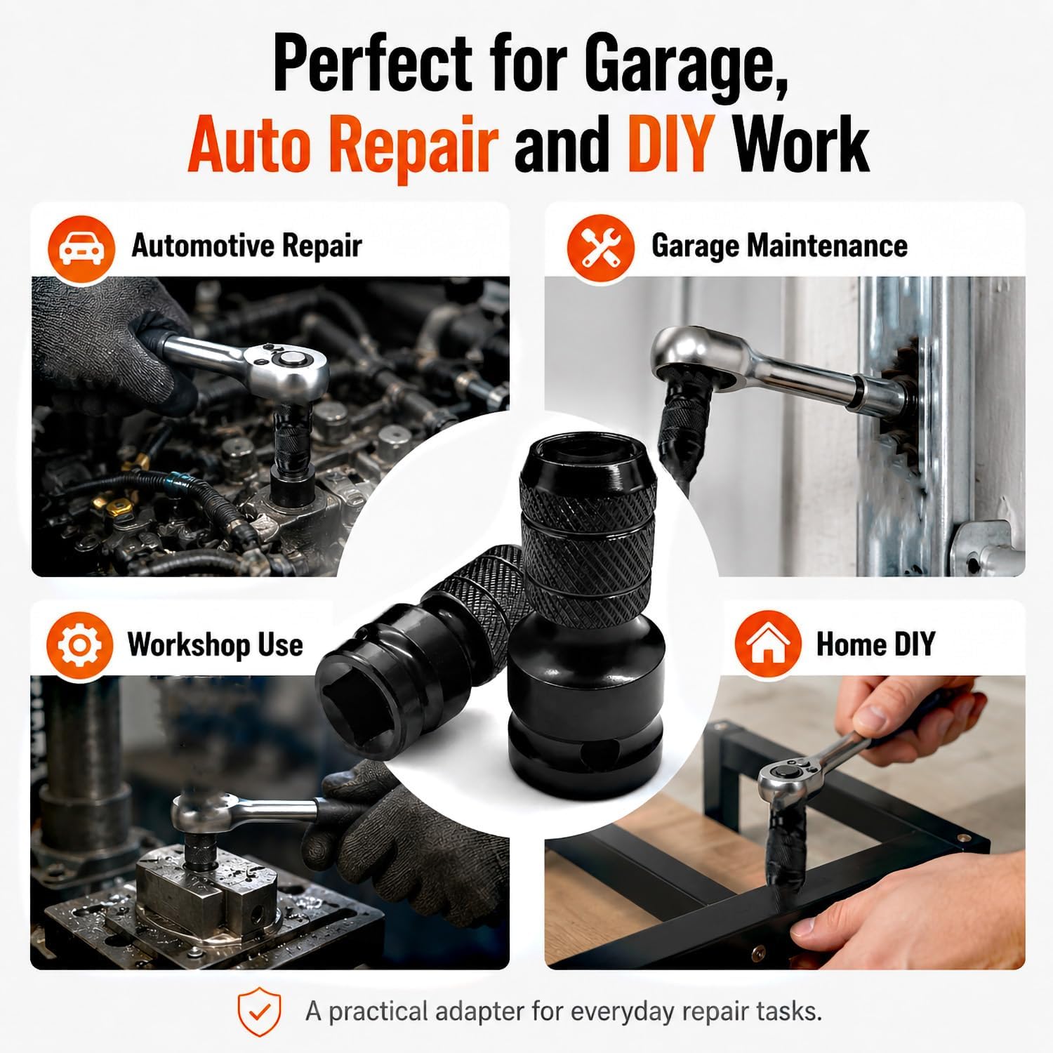 1/2" to 1/4" Hex Socket Adapter, 2-Pack for Impact Tools | Ratchet, Wrench & Impact Tool Compatible | Black Finish | Quick Release thumbnail