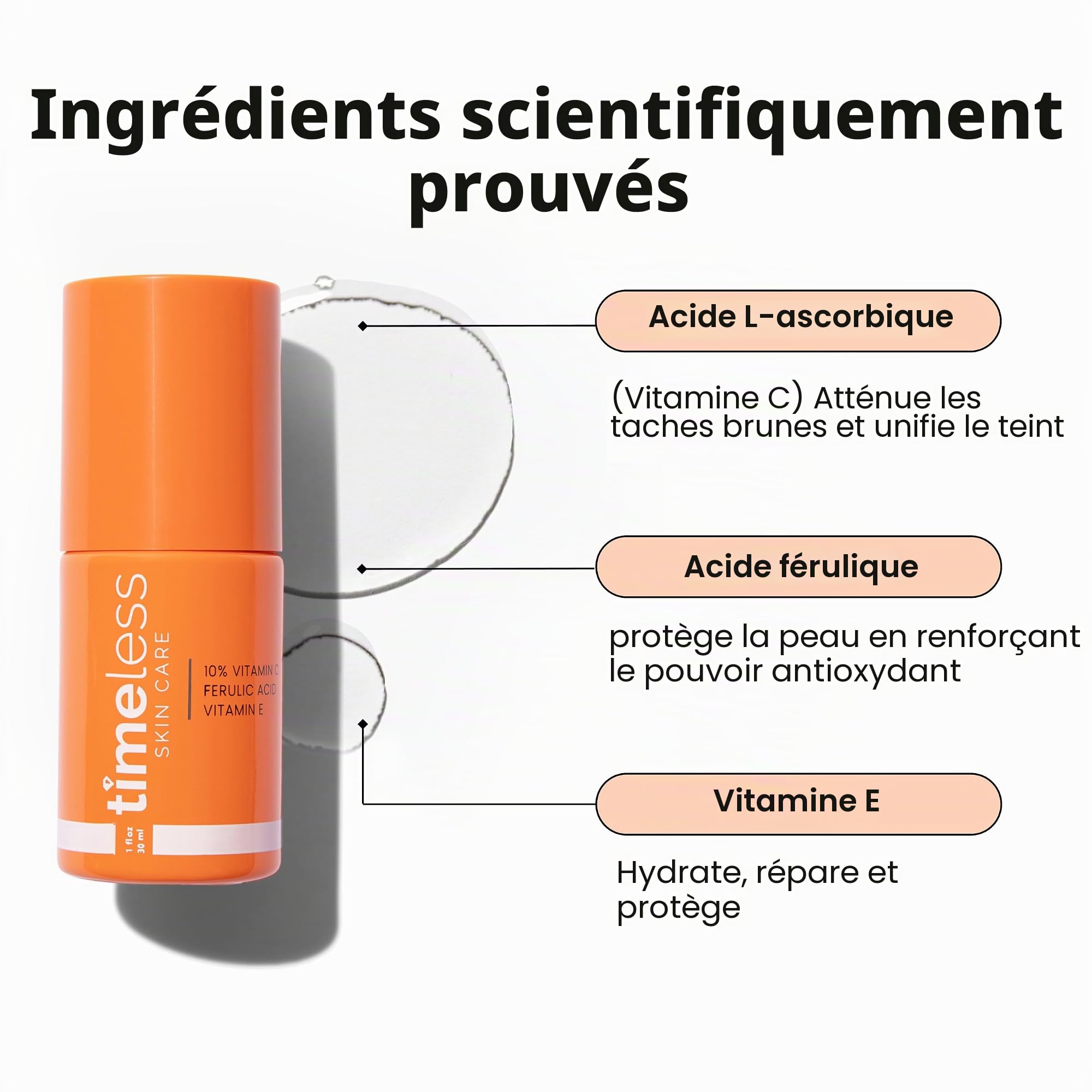 TIMELESS SKIN CARE Sérum à la vitamine C 10% + acide férulique + vitamine E | Pour tous les types de peau | Sérum antioxydant et augmentant la production de collagène | 50 ml