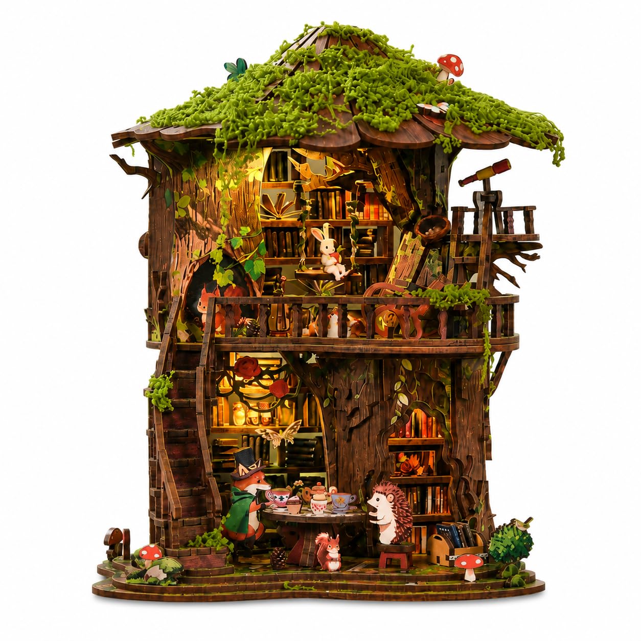 Roroom Casse-tête 3D pour adultes, cabane dans les arbres, bibliothèque avec lumière LED, kit de maison miniature en bois pour décoration d'étagère et travaux manuels, cadeau pour adolescents, famille