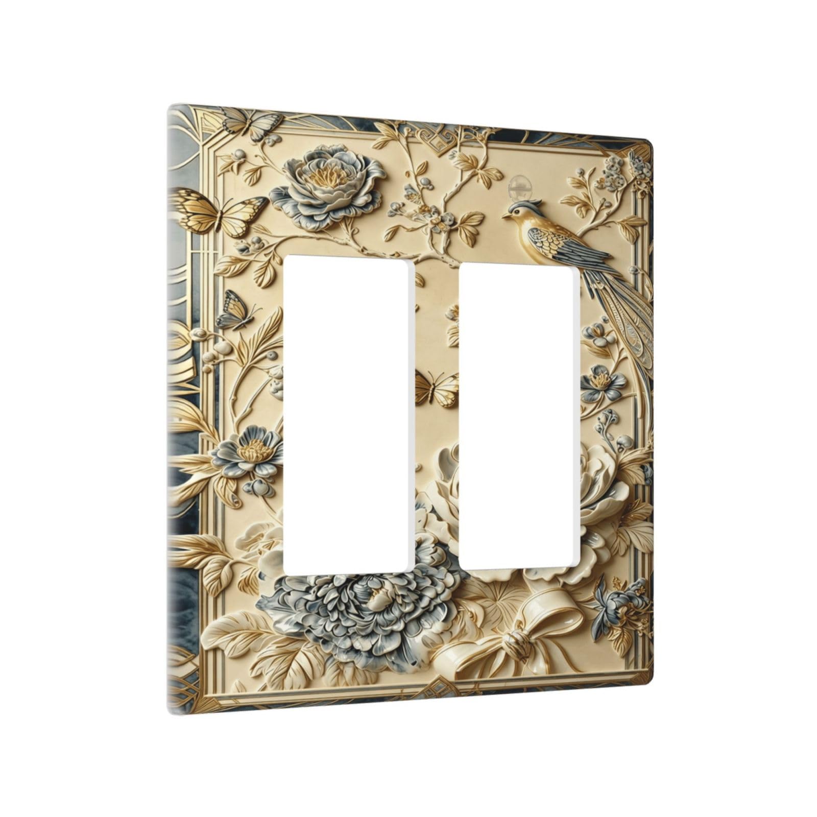 Yamxbfa Outlet Covers Vintage Blue Peony & Gold Bird Double Rocker Decora Light Switch Cover Plate Decorative 2 Gang Gfci Wall Plate Electrical Switch Plate Cover Faceplate for Bathroom Home Decor