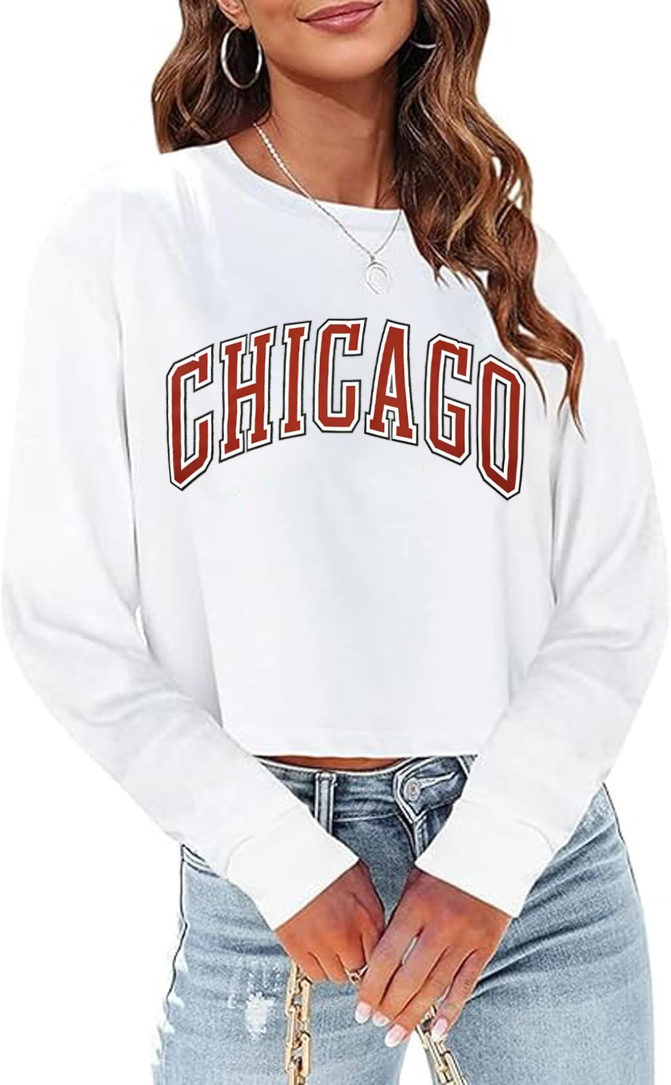 Women Long Sleeve Crew Neck Sweat Shirts Loose Fit Letter Print Pullovers Crop Tee Tops